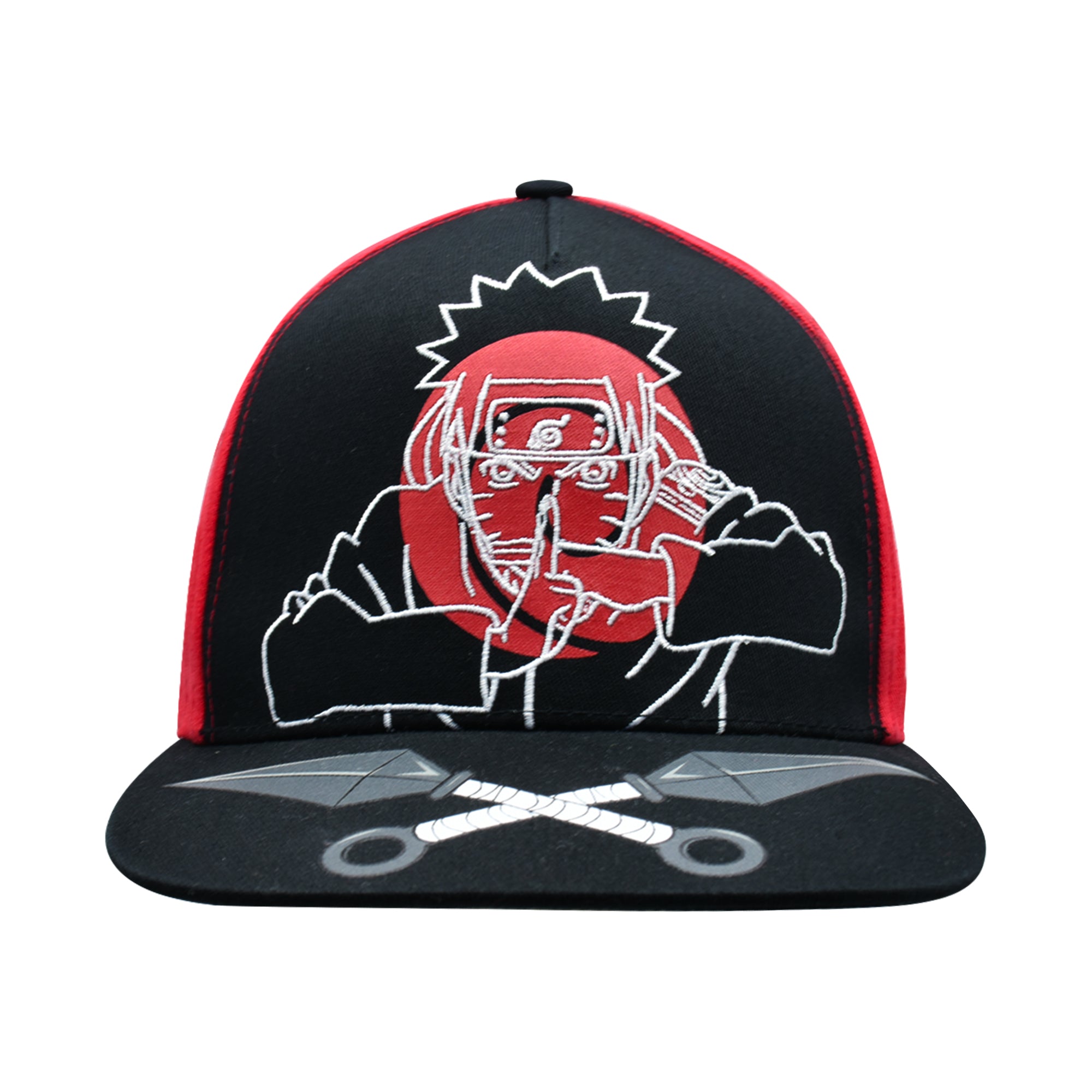 Naruto Baseball Hat, Jutsu Daggers Design Adult Snapback Cap with Flat Brim, Red/Black, One Size