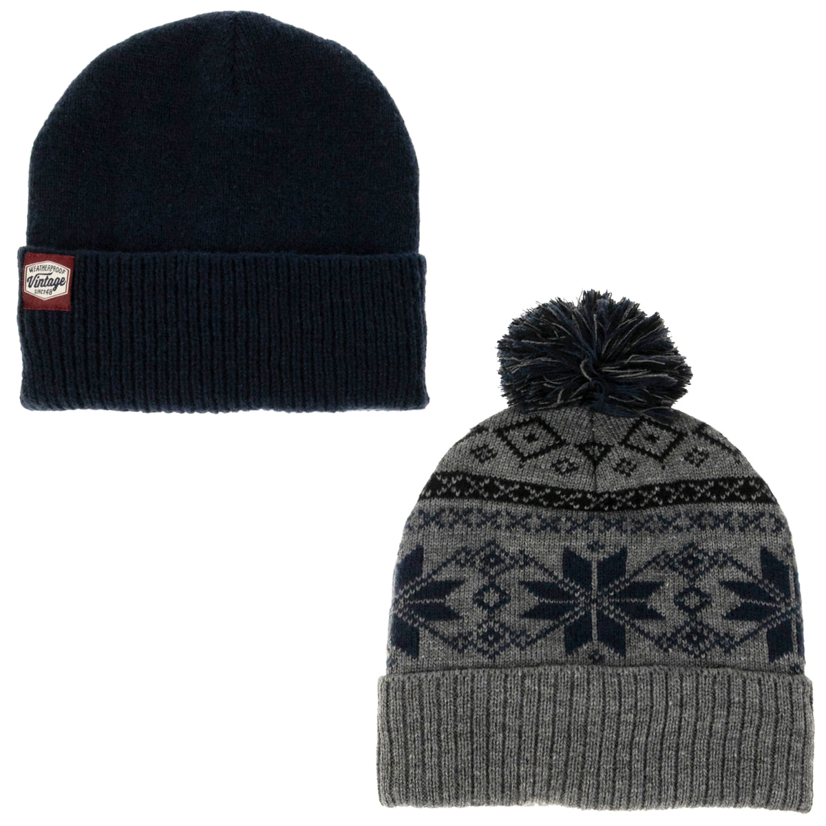Weatherproof Vintage Fair Isle & Solid Beanie 2-Piece Set – Navy/Gray