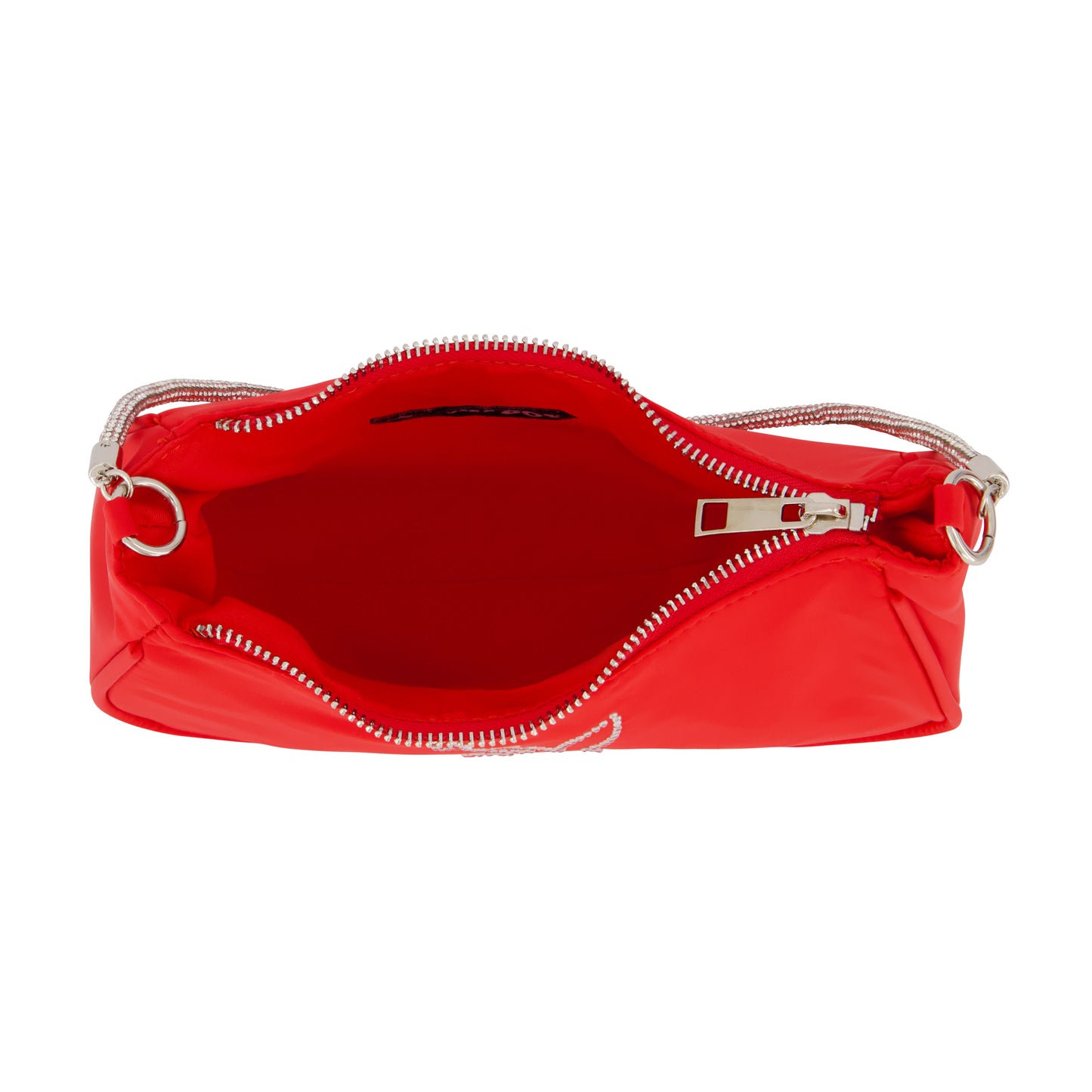 Nylon Handbag With Rhinestone Handle And Rhinestone Bunny, Red