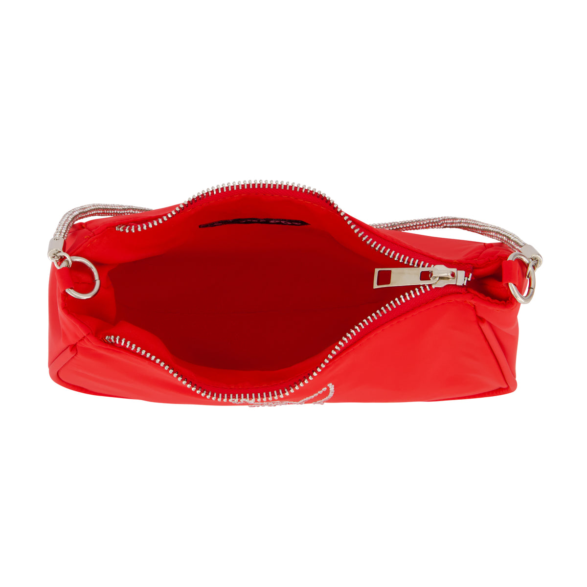 Nylon Handbag With Rhinestone Handle And Rhinestone Bunny, Red