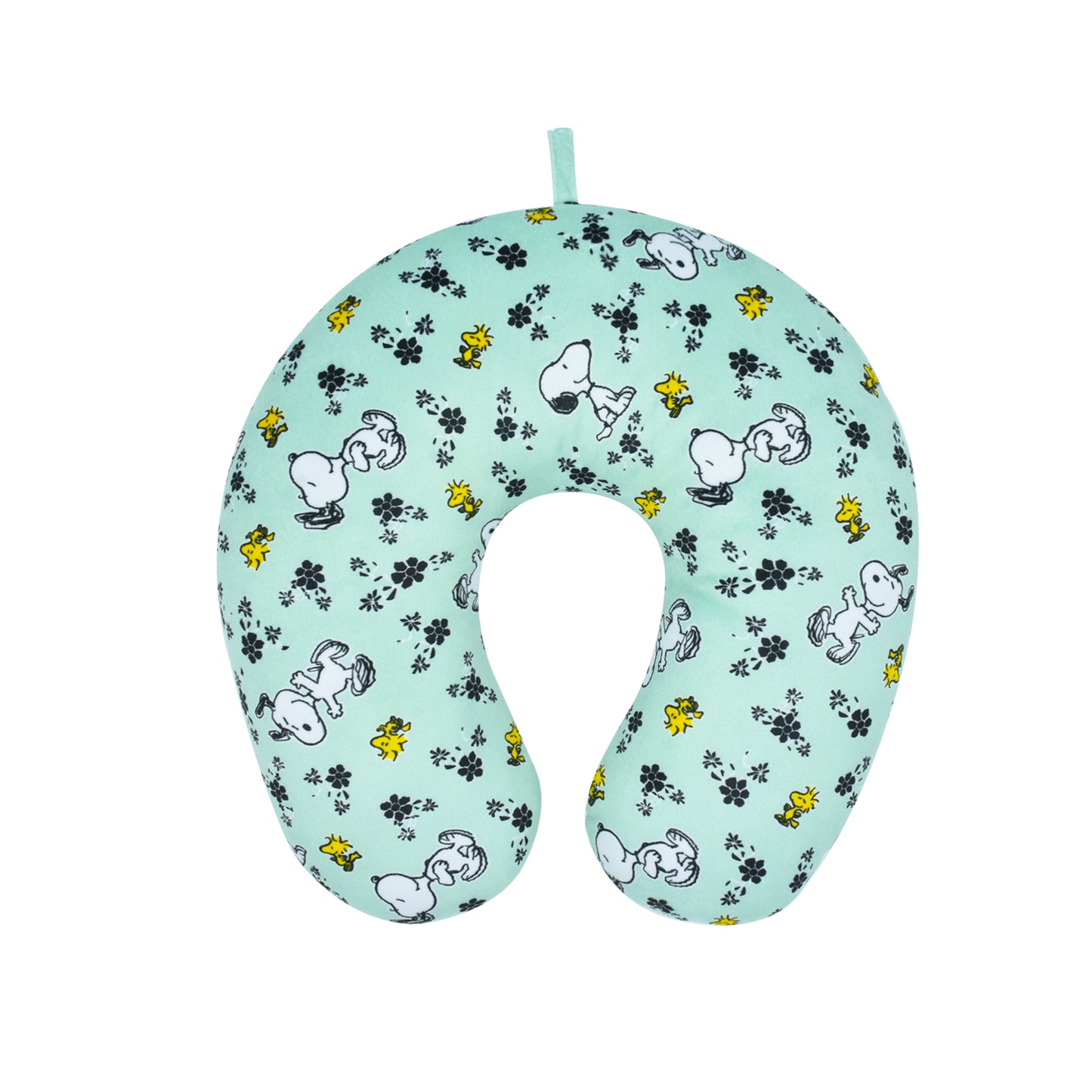 FUL Peanuts Snoopy and Woodstock Flowers Portable Travel Neck Pillow, Mint Green