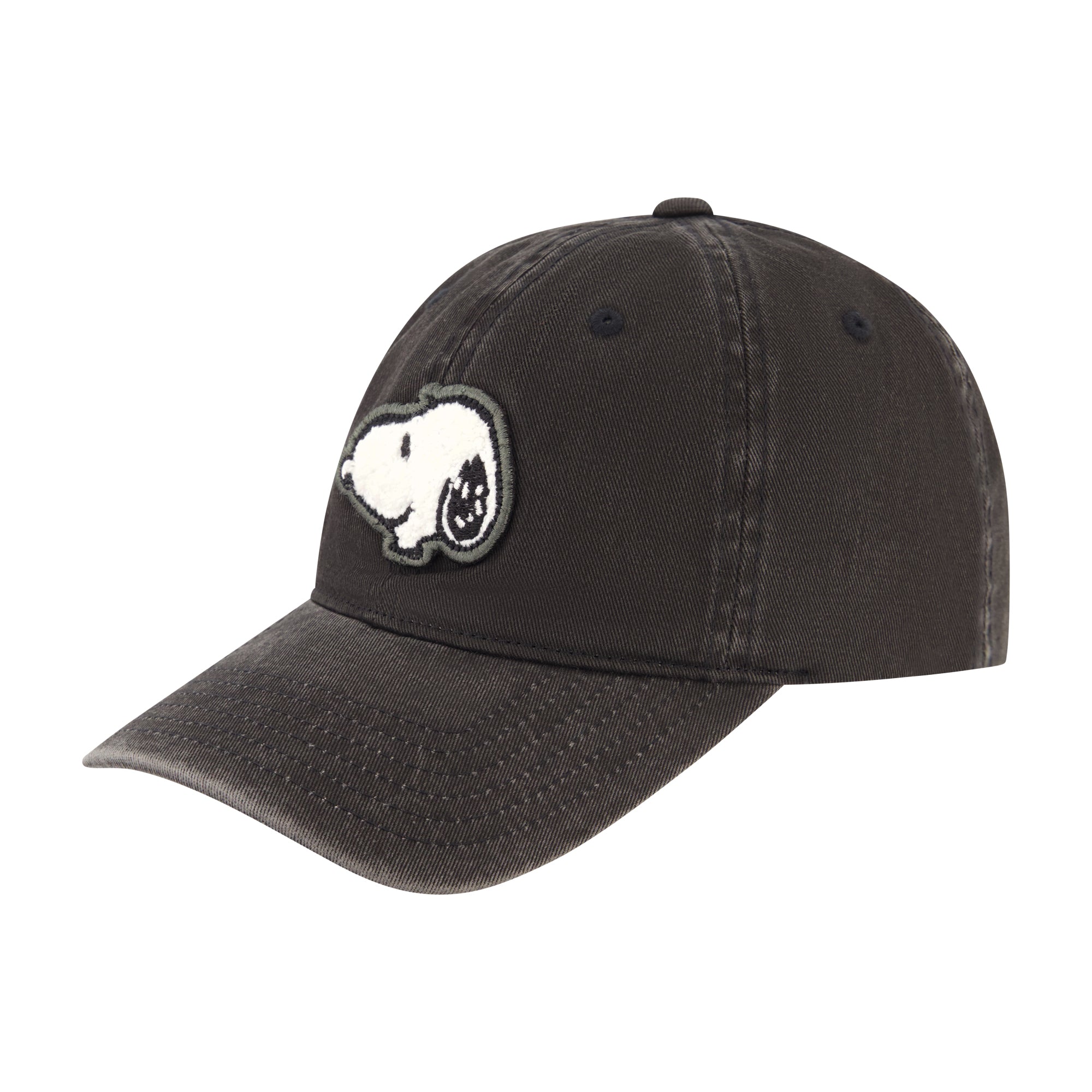Peanuts Snoopy Chenille Patch Pigment Wash Dad Cap, Black