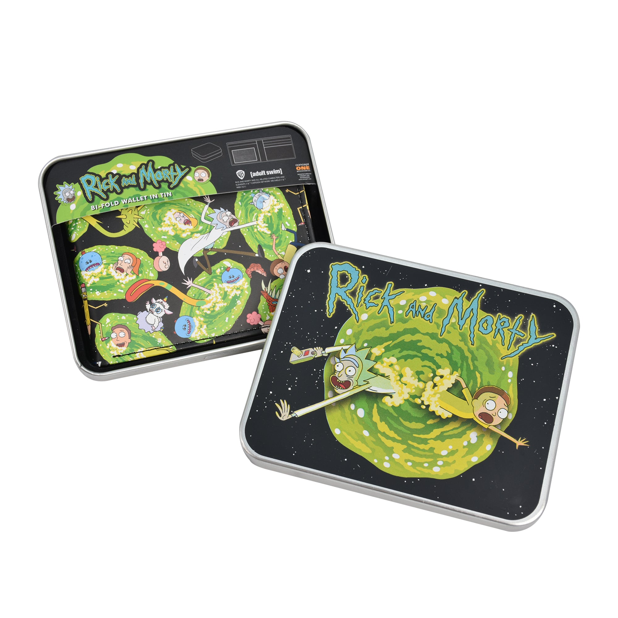 WB Adult Swim Rick And Morty AOP Bifold Wallet in a Decorative Tin Case Multi ,Unisex