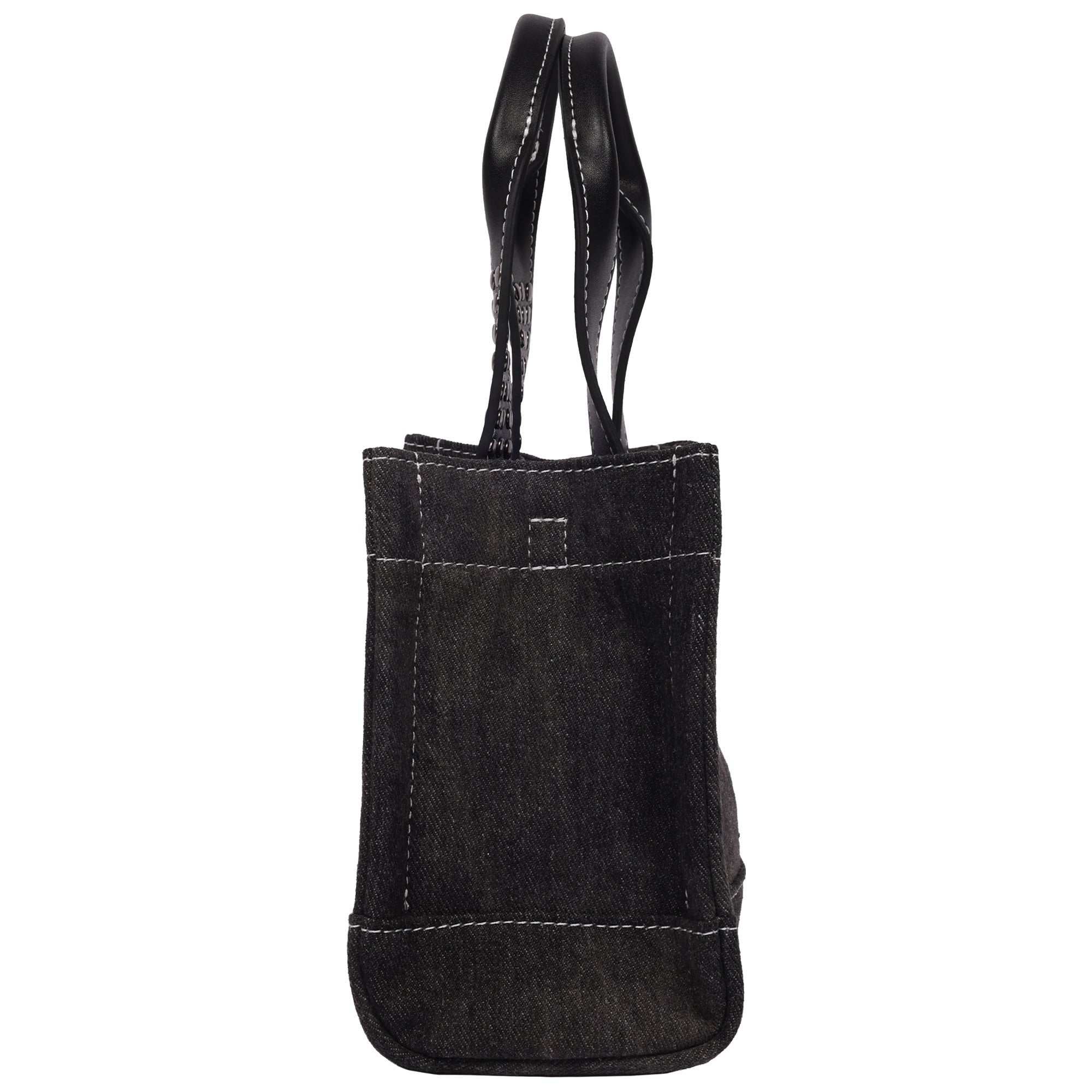 The Rolling Stones Black Denim Patch Mini Tote – Studded Handles with Adjustable Crossbody Strap
