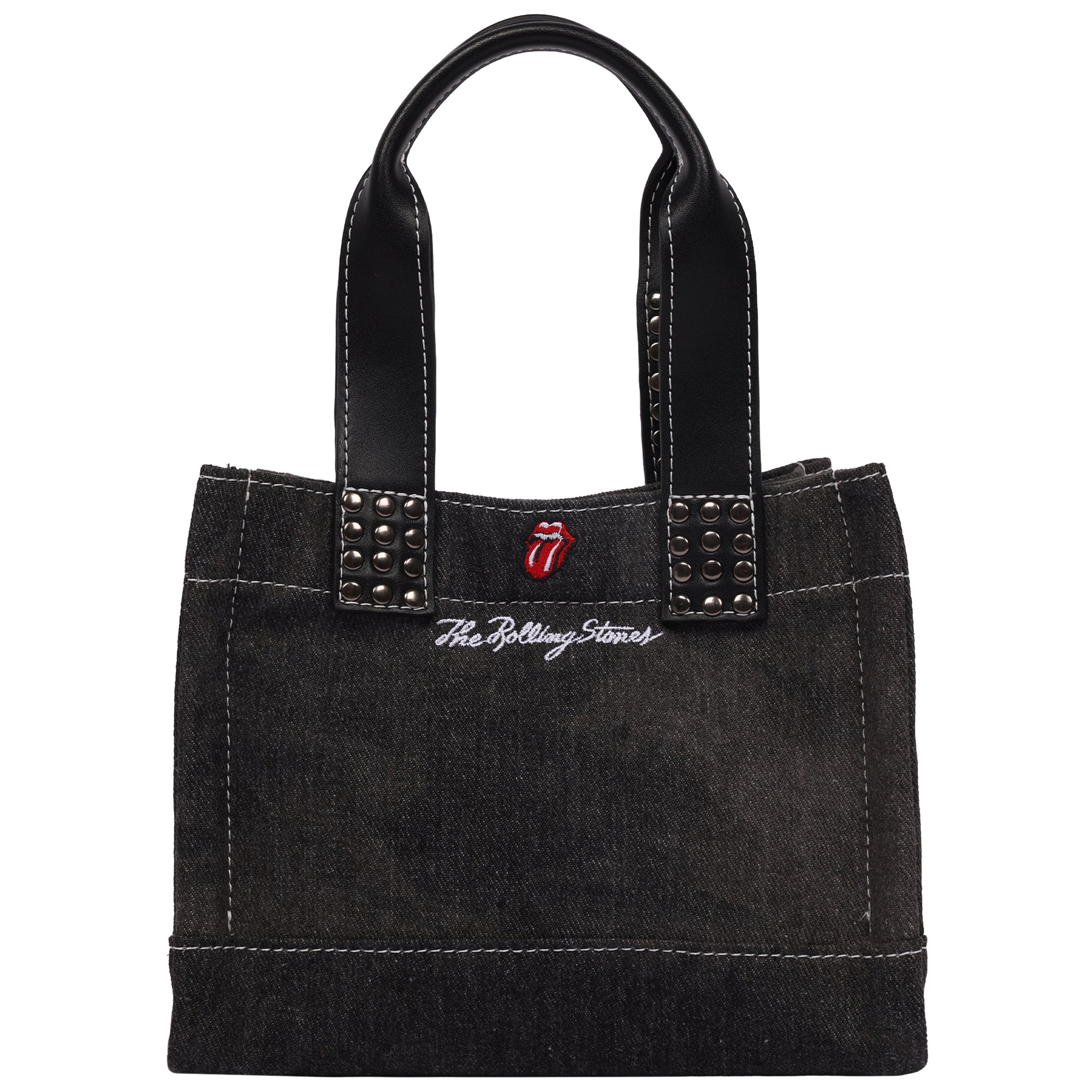 The Rolling Stones Black Denim Patch Mini Tote – Studded Handles with Adjustable Crossbody Strap