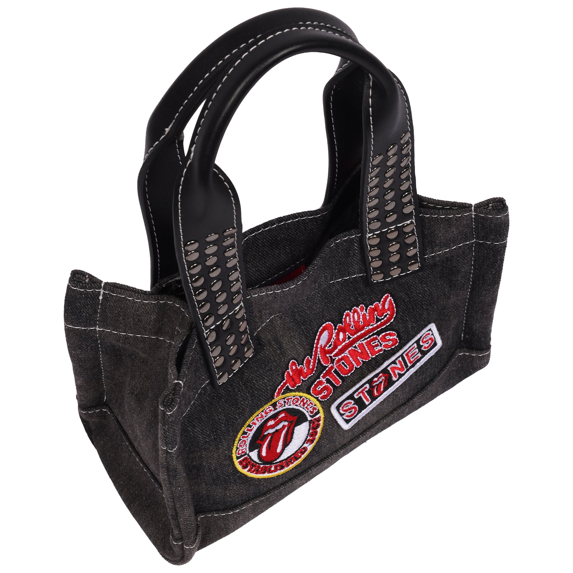 The Rolling Stones Black Denim Patch Mini Tote – Studded Handles with Adjustable Crossbody Strap