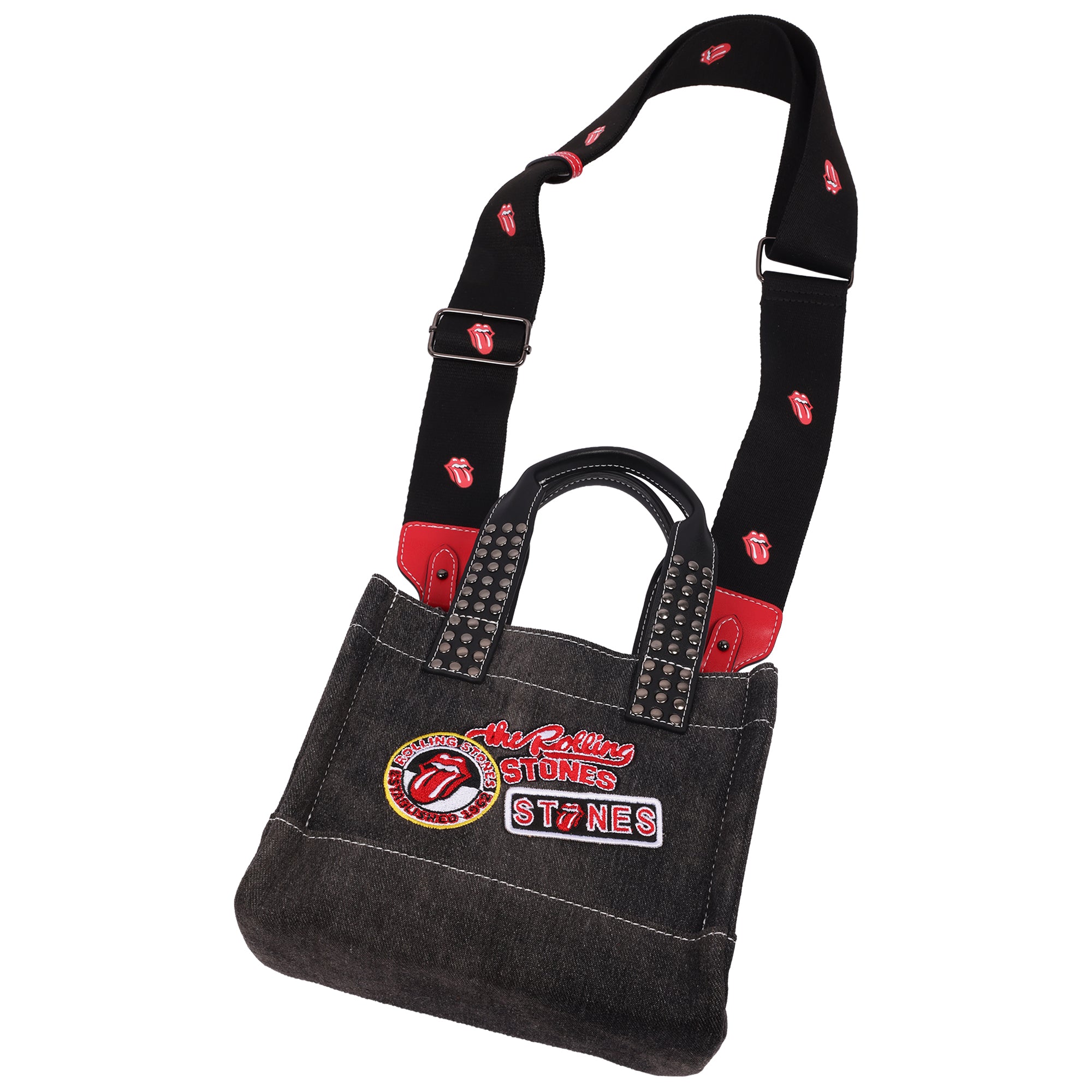 The Rolling Stones Black Denim Patch Mini Tote – Studded Handles with Adjustable Crossbody Strap