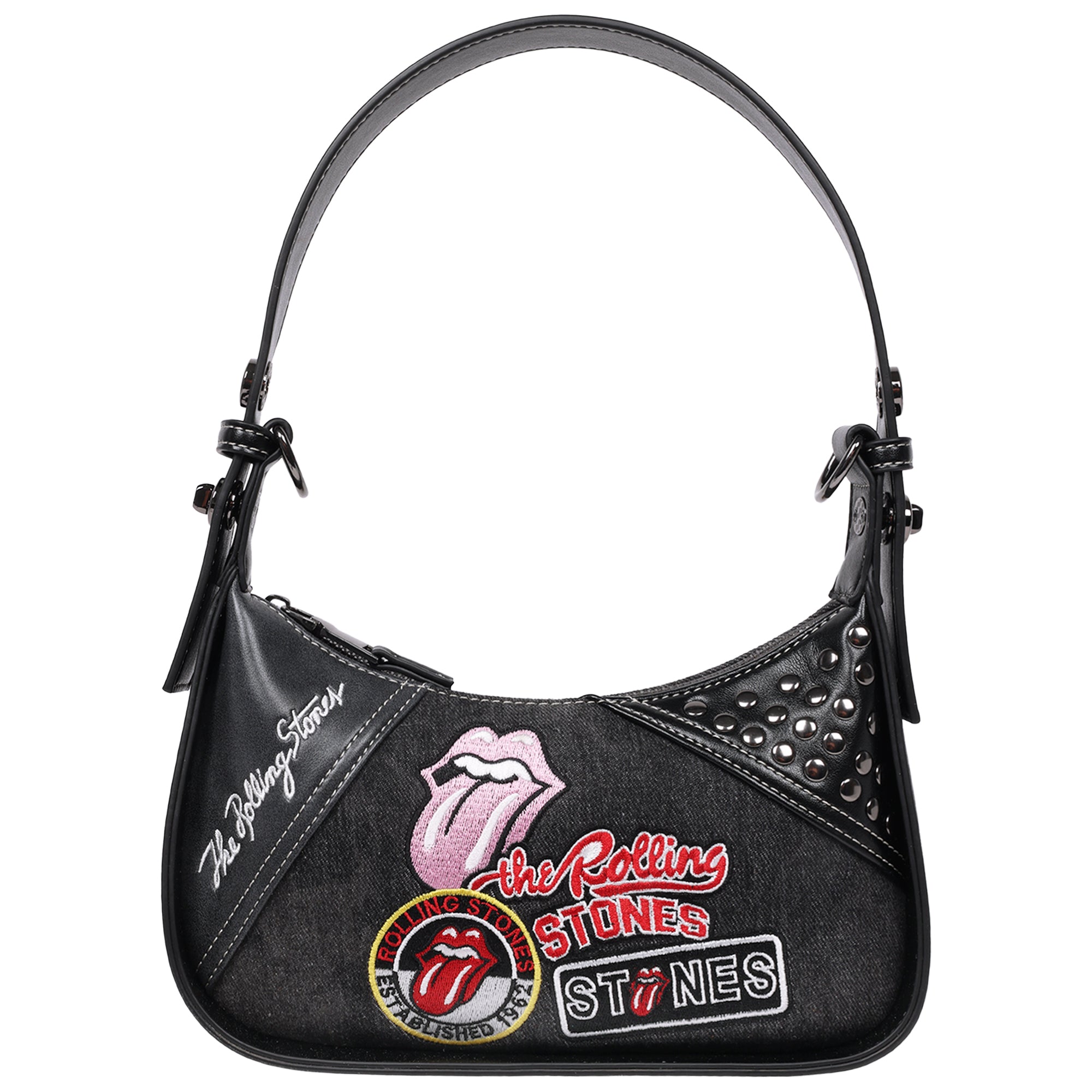 The Rolling Stones Patchwork Black Denim Small Shoulder Bag – Studded Detail, Embroidered Logos & Chain Strap