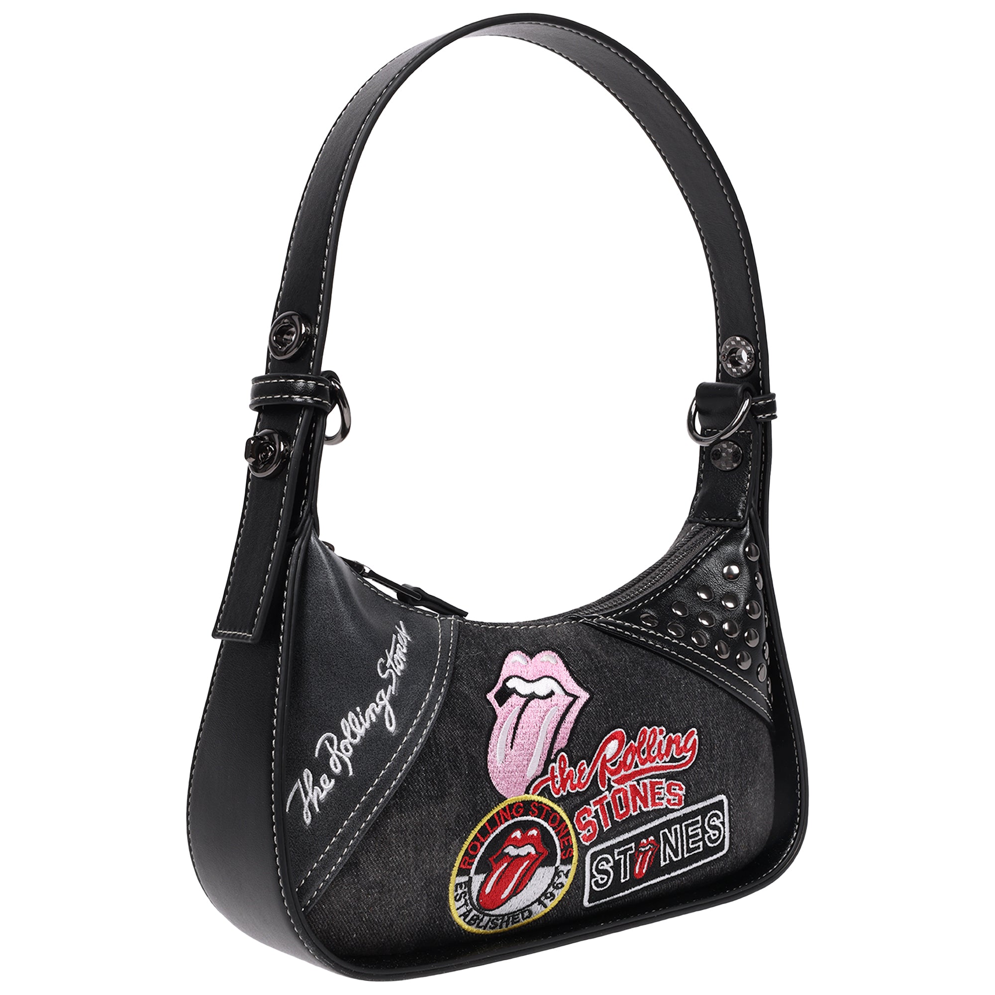 The Rolling Stones Patchwork Black Denim Small Shoulder Bag – Studded Detail, Embroidered Logos & Chain Strap