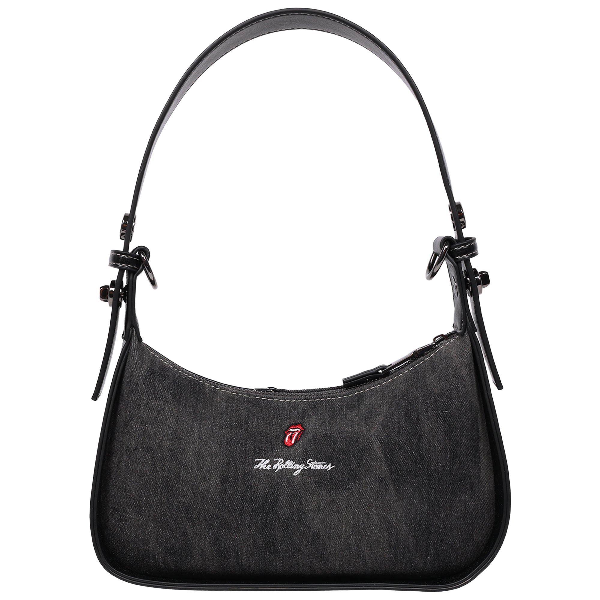 The Rolling Stones Patchwork Black Denim Small Shoulder Bag – Studded Detail, Embroidered Logos & Chain Strap