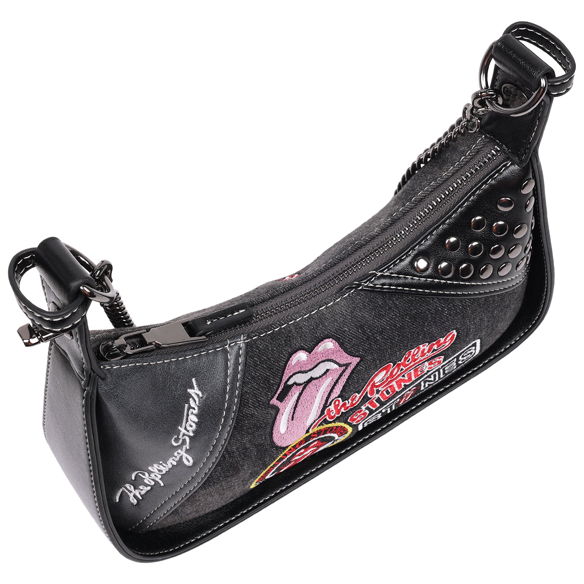 The Rolling Stones Patchwork Black Denim Small Shoulder Bag – Studded Detail, Embroidered Logos & Chain Strap