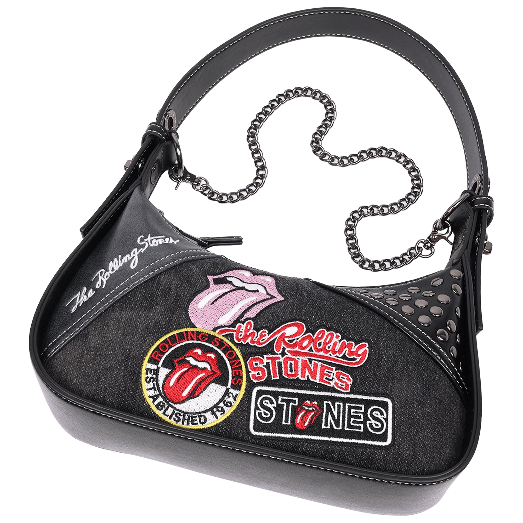 The Rolling Stones Patchwork Black Denim Small Shoulder Bag – Studded Detail, Embroidered Logos & Chain Strap