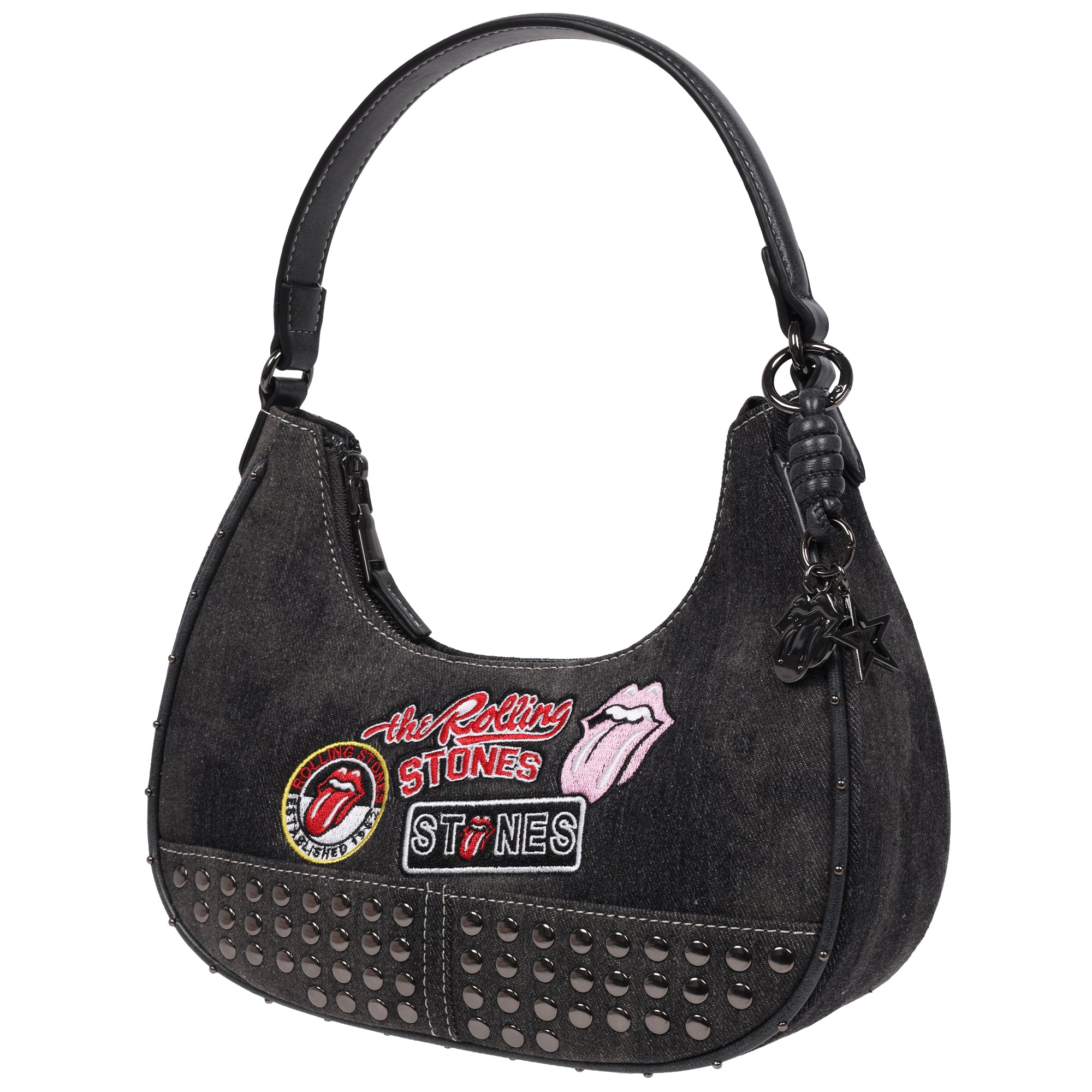 The Rolling Stones Patch Black Denim Small Hobo Bag – Studded Trim, Embroidered Tongue Logo & Charm Detail