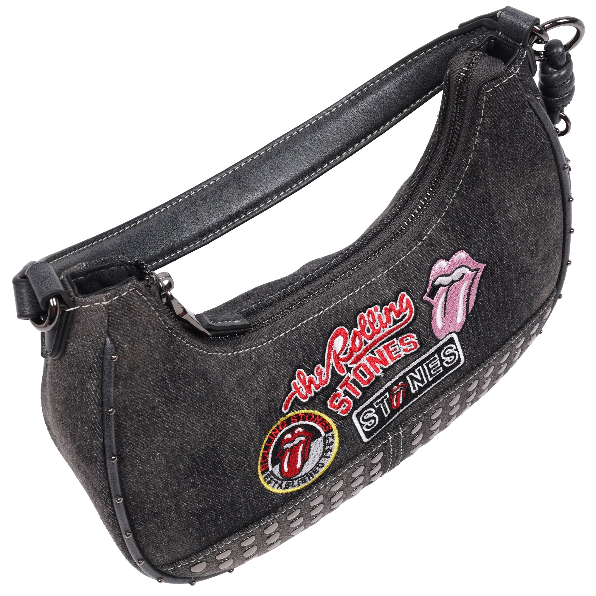 The Rolling Stones Patch Black Denim Small Hobo Bag – Studded Trim, Embroidered Tongue Logo & Charm Detail