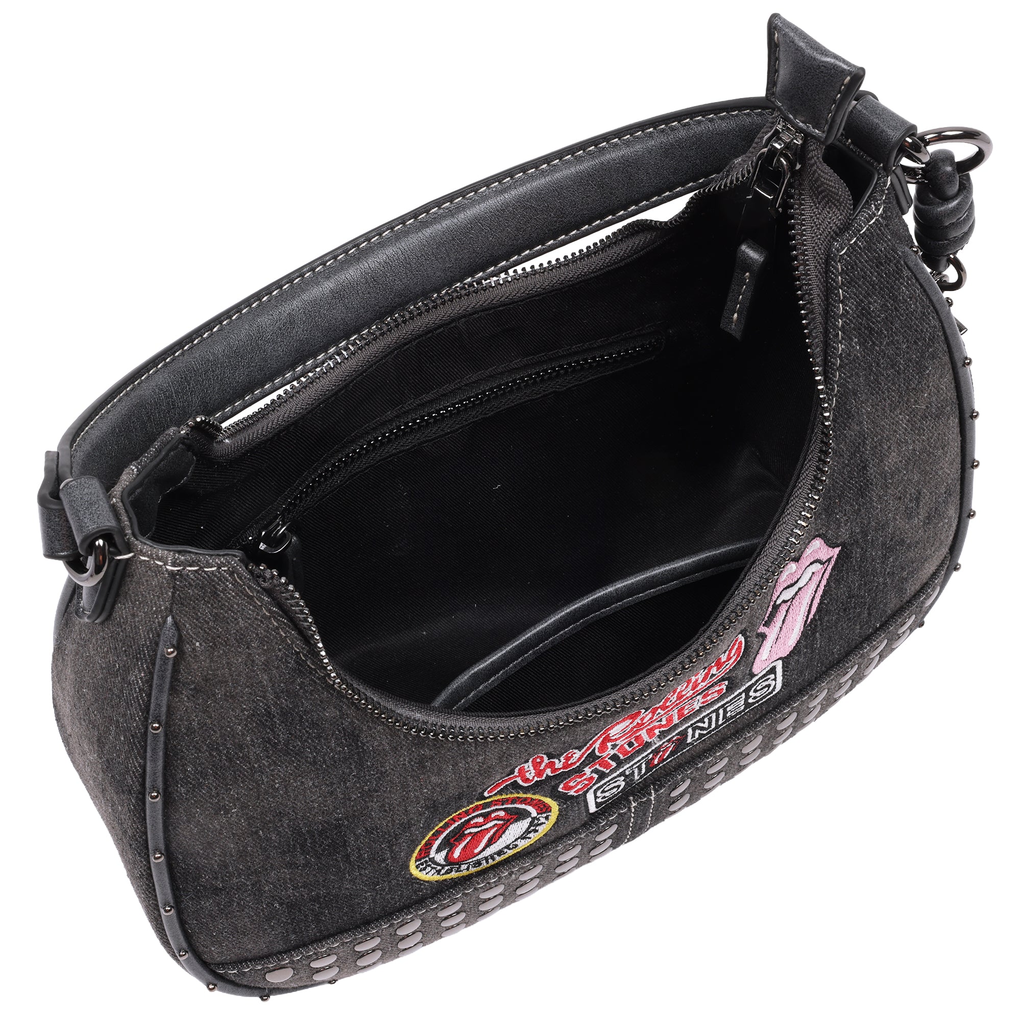 The Rolling Stones Patch Black Denim Small Hobo Bag – Studded Trim, Embroidered Tongue Logo & Charm Detail