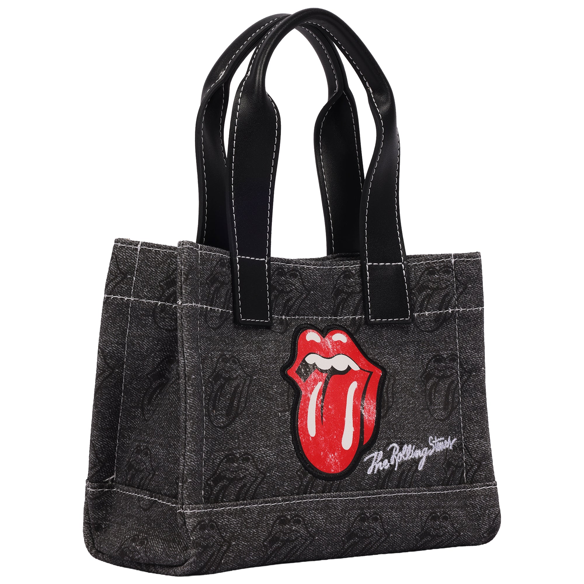 The Rolling Stones Black Denim Mini Tote Bag – Tongue Logo Patch, All-Over Print & Adjustable Crossbody Strap