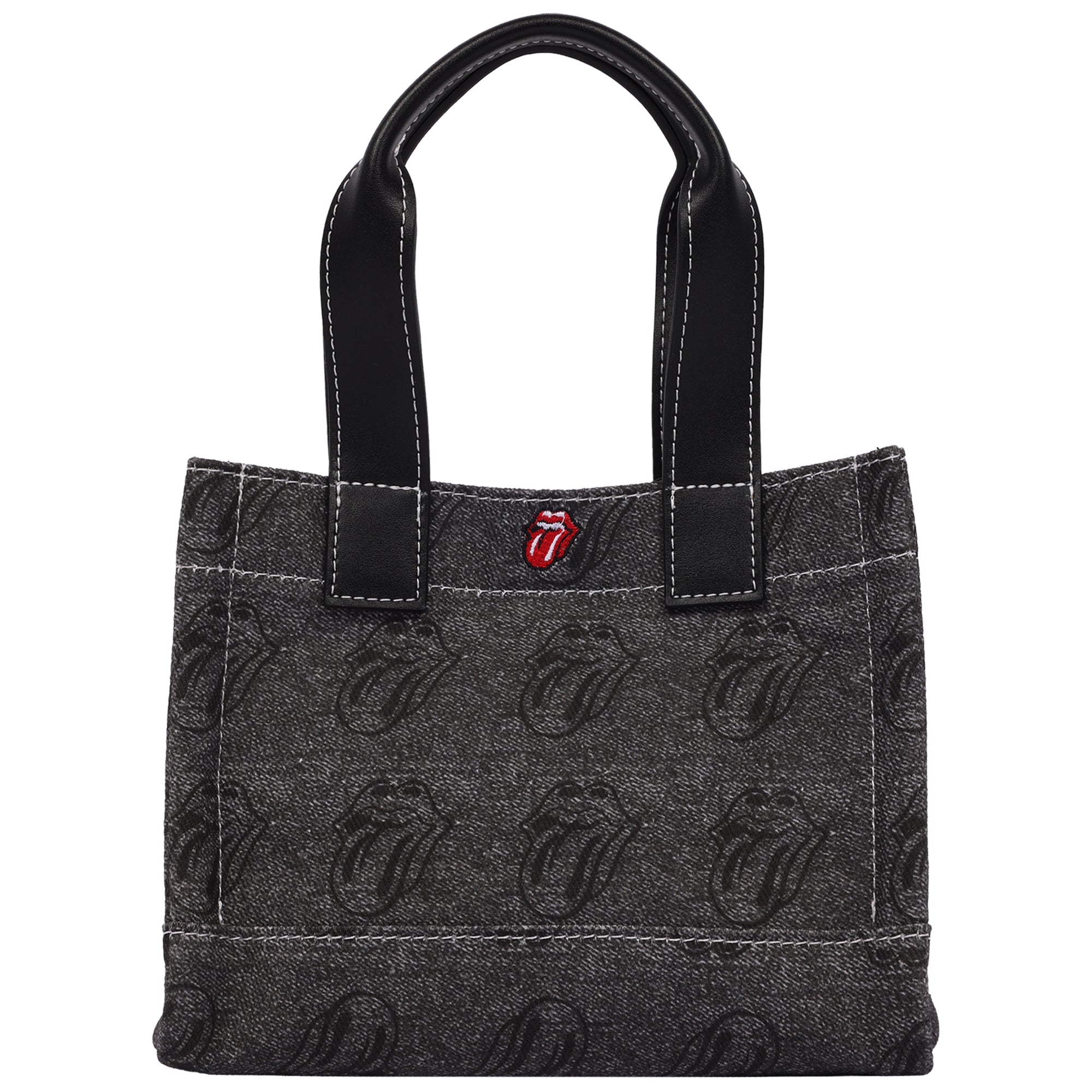 The Rolling Stones Black Denim Mini Tote Bag – Tongue Logo Patch, All-Over Print & Adjustable Crossbody Strap
