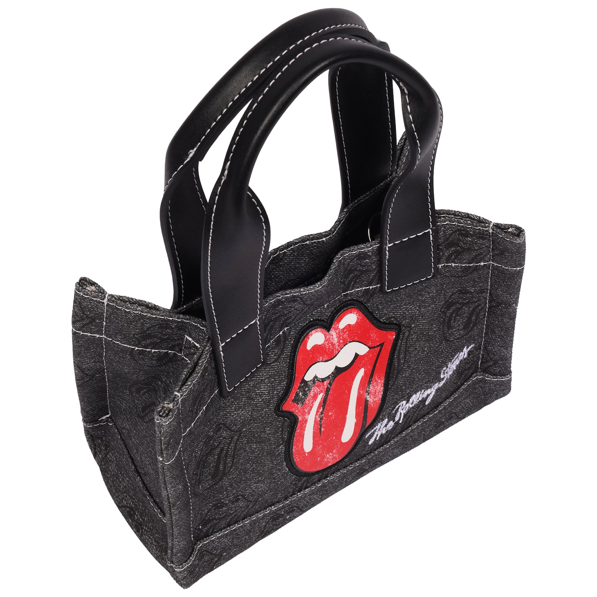 The Rolling Stones Black Denim Mini Tote Bag – Tongue Logo Patch, All-Over Print & Adjustable Crossbody Strap