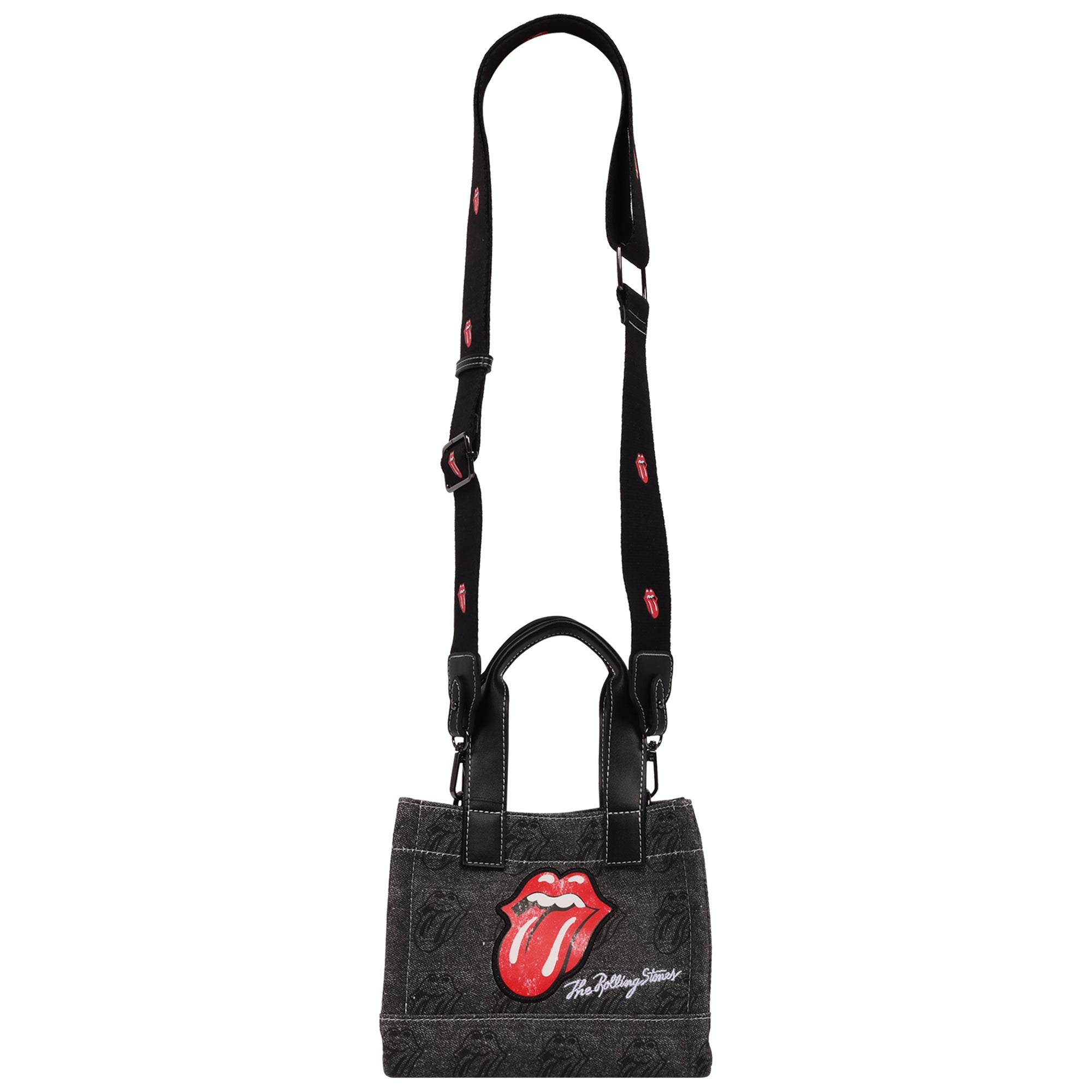 The Rolling Stones Black Denim Mini Tote Bag – Tongue Logo Patch, All-Over Print & Adjustable Crossbody Strap