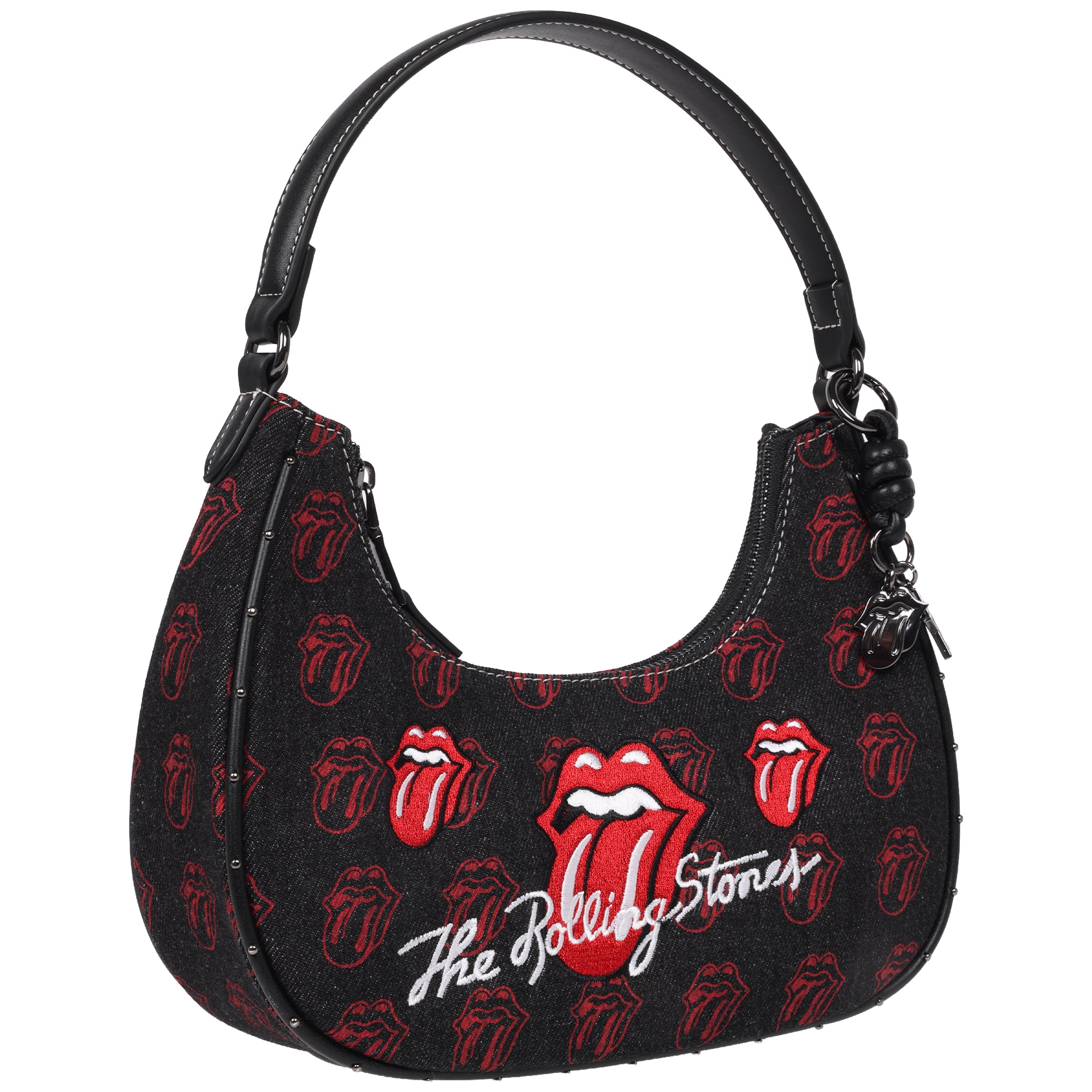 The Rolling Stones All-Over Tongue Logo Black Denim Small Hobo Bag – Embroidered Graphic, Studded Trim & Charm Detail