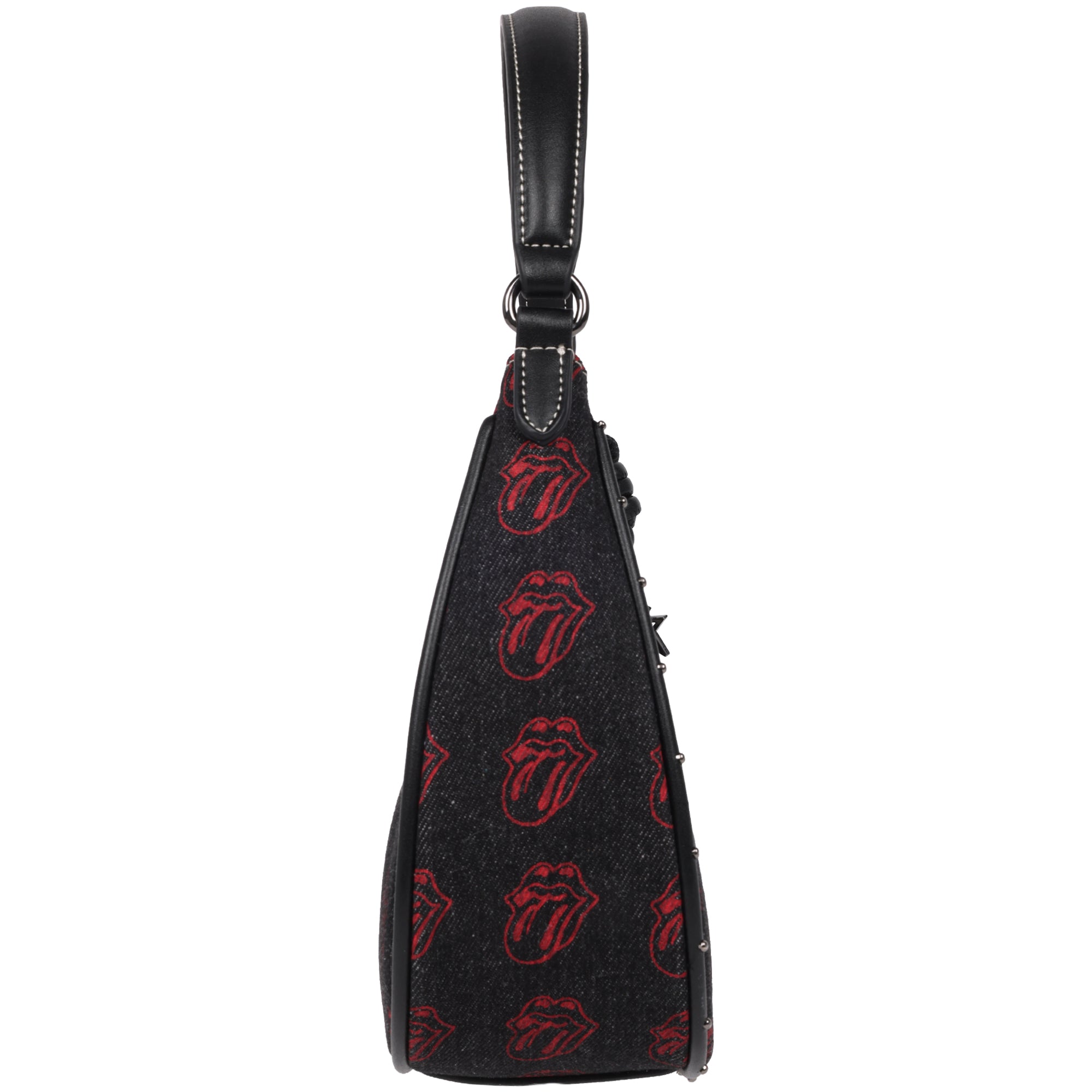 The Rolling Stones All-Over Tongue Logo Black Denim Small Hobo Bag – Embroidered Graphic, Studded Trim & Charm Detail