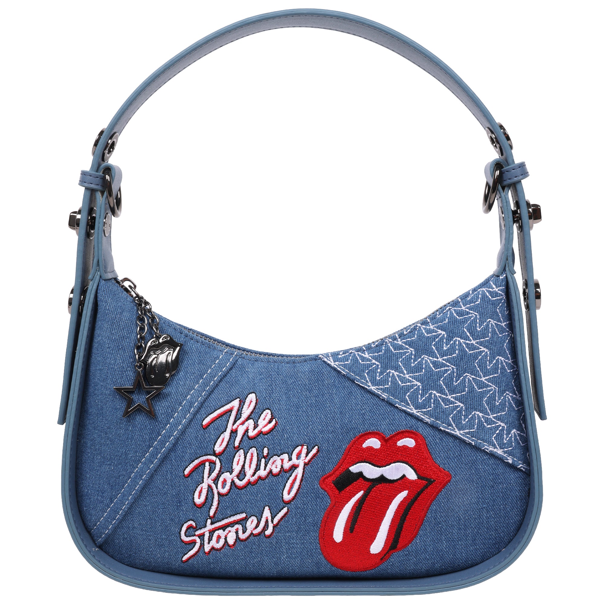The Rolling Stones Denim Shoulder Bag – Tongue Logo Mini Hobo Purse (Navy/Denim & Pink)