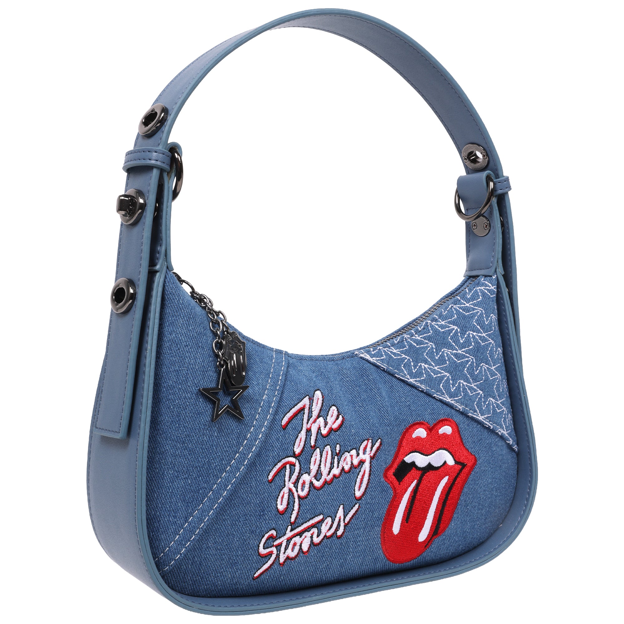 The Rolling Stones Denim Shoulder Bag – Tongue Logo Mini Hobo Purse (Navy/Denim & Pink)