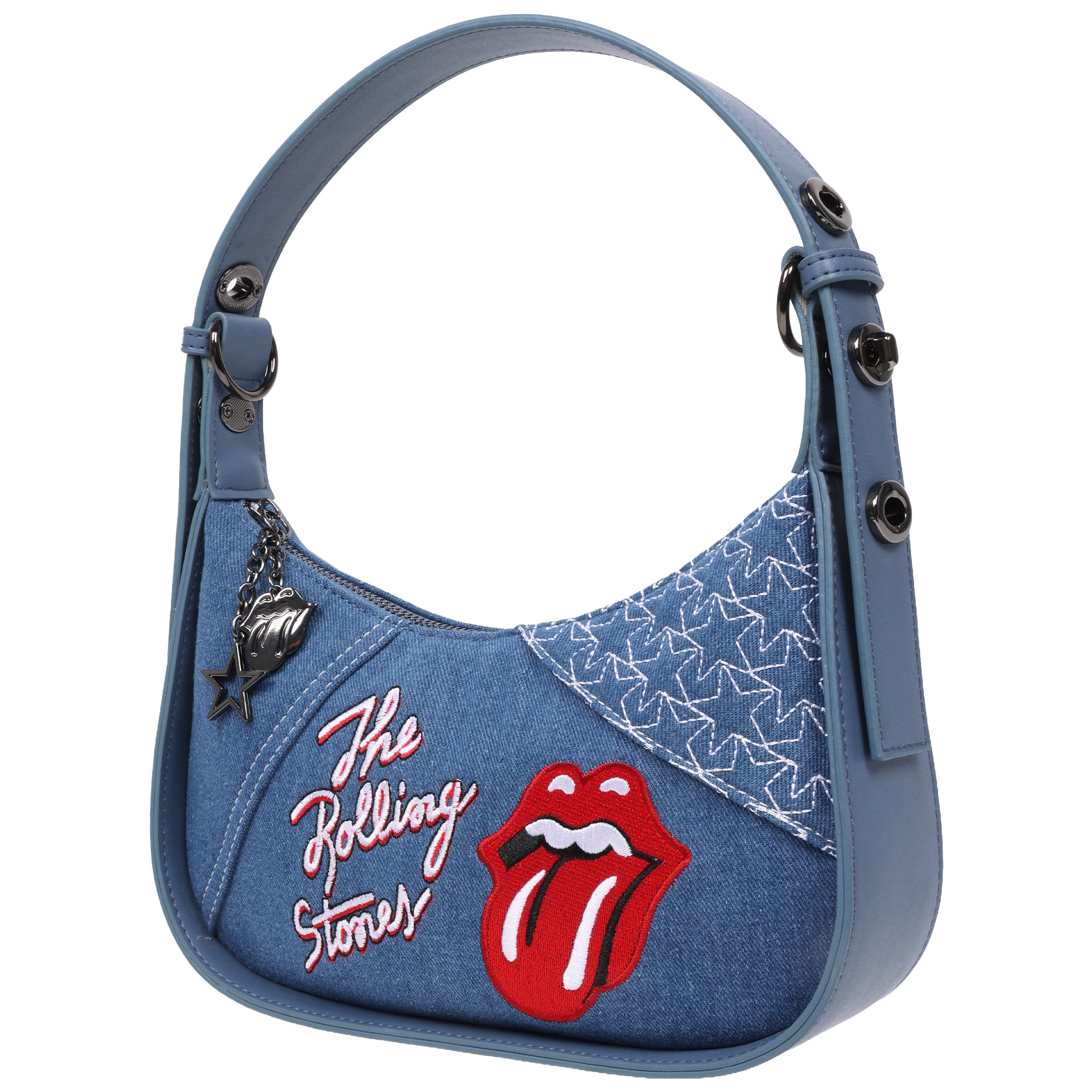 The Rolling Stones Denim Shoulder Bag – Tongue Logo Mini Hobo Purse (Navy/Denim & Pink)