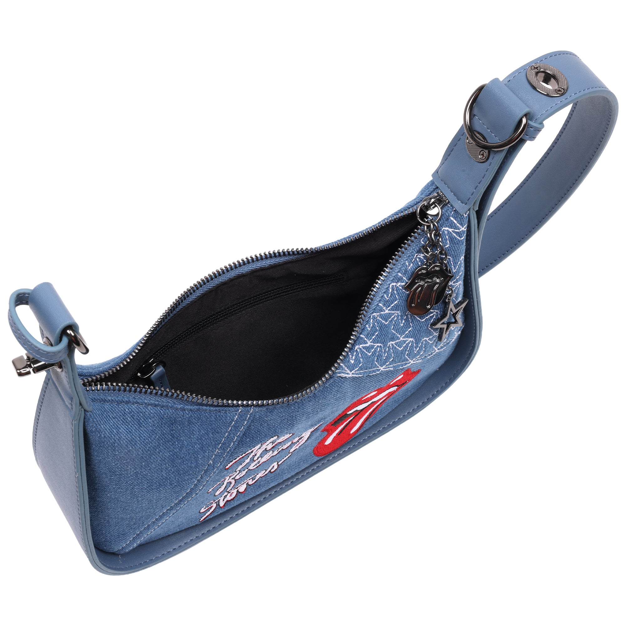 The Rolling Stones Denim Shoulder Bag – Tongue Logo Mini Hobo Purse (Navy/Denim & Pink)