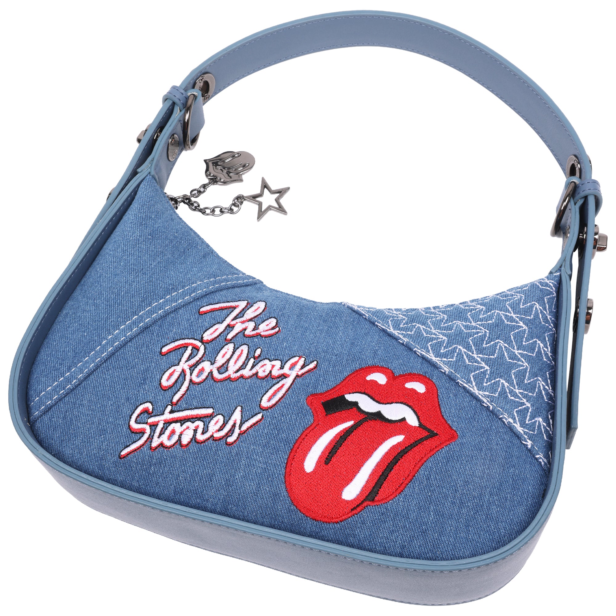 The Rolling Stones Denim Shoulder Bag – Tongue Logo Mini Hobo Purse (Navy/Denim & Pink)