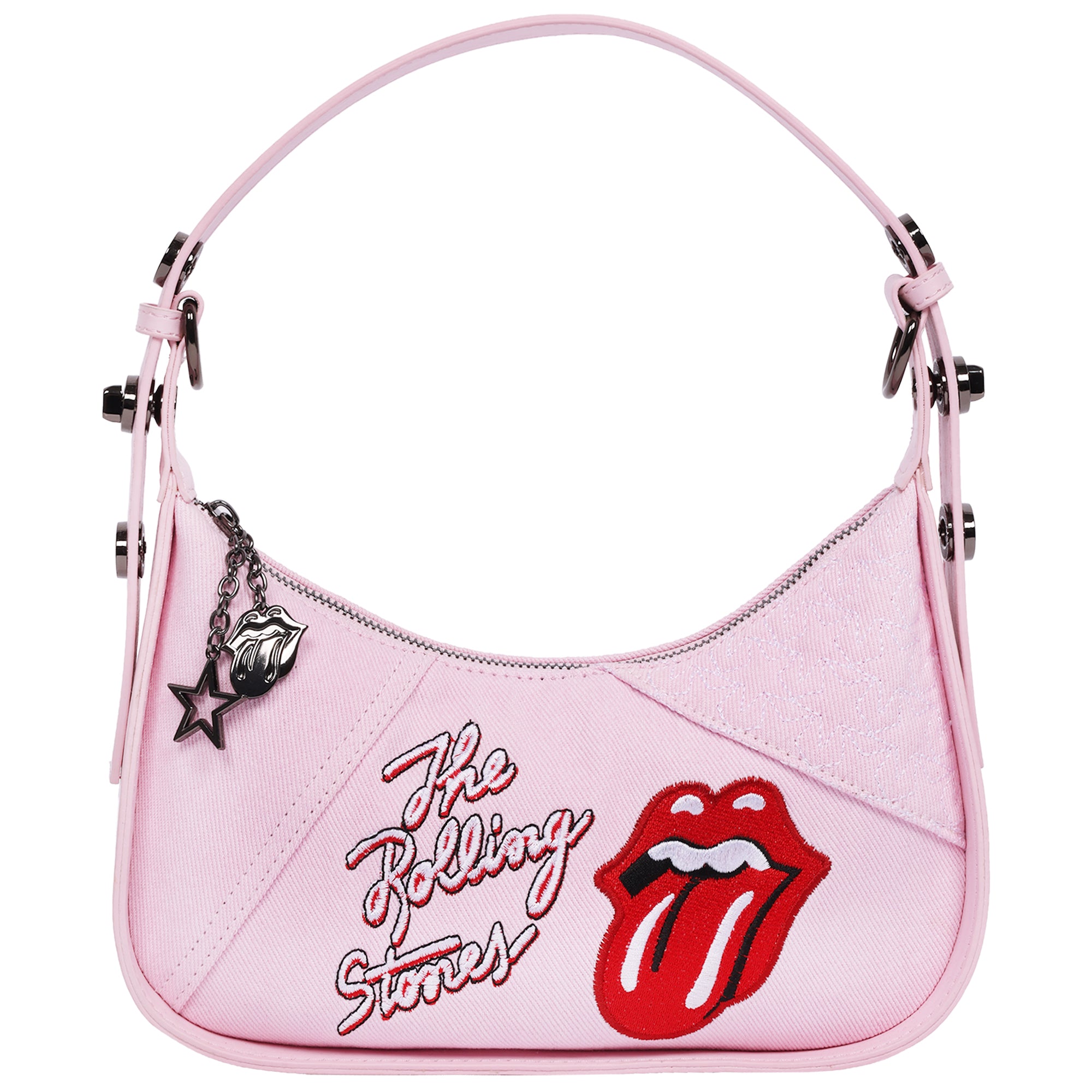 The Rolling Stones Denim Shoulder Bag – Tongue Logo Mini Hobo Purse (Navy/Denim & Pink)