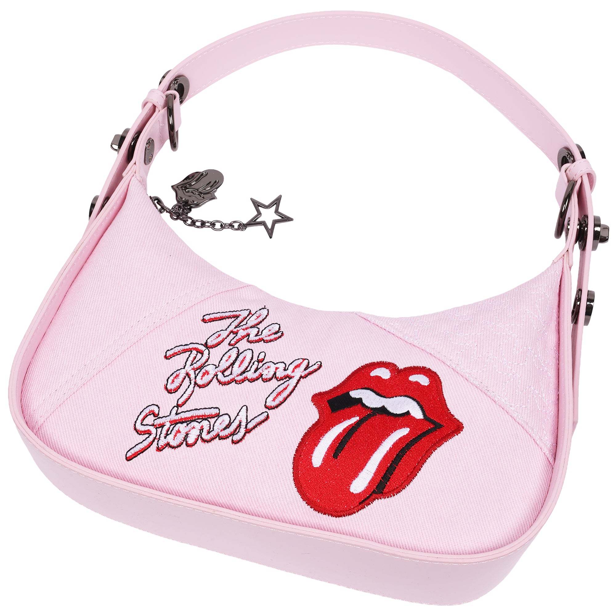The Rolling Stones Denim Shoulder Bag – Tongue Logo Mini Hobo Purse (Navy/Denim & Pink)