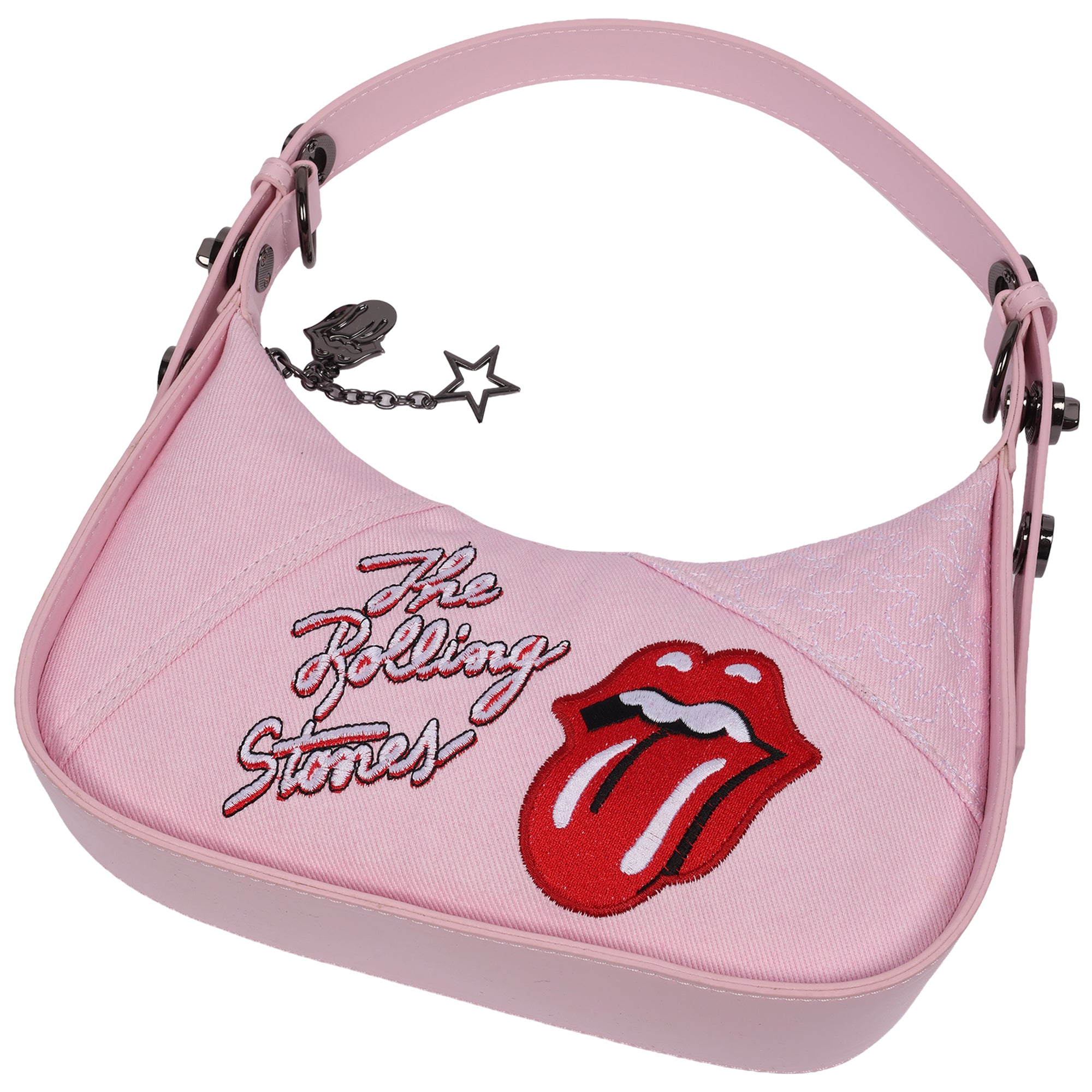The Rolling Stones Denim Shoulder Bag – Tongue Logo Mini Hobo Purse (Navy/Denim & Pink)
