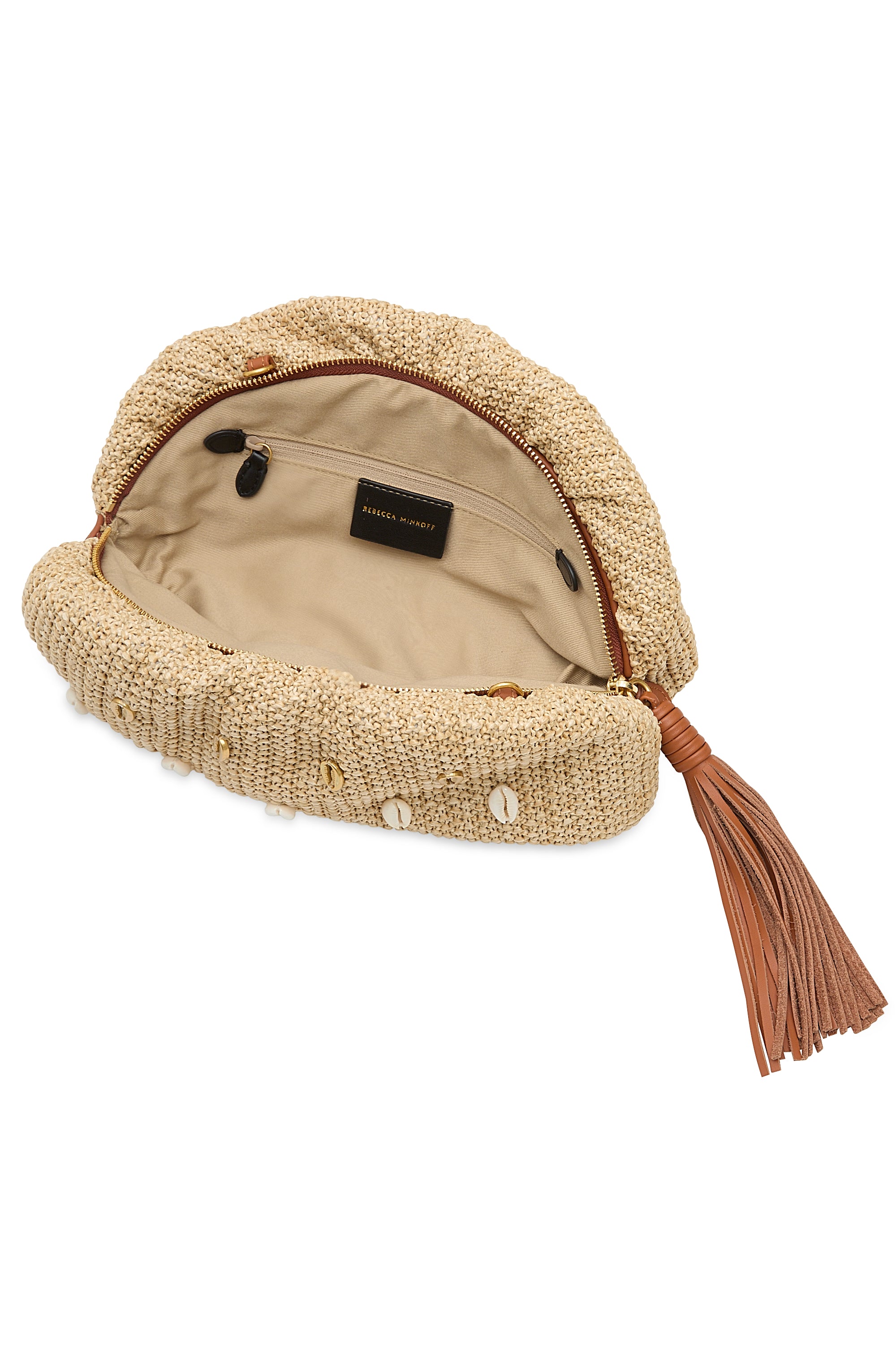 Rebecca Minkoff Shell Embellished Ruched Raffia Clutch Bag