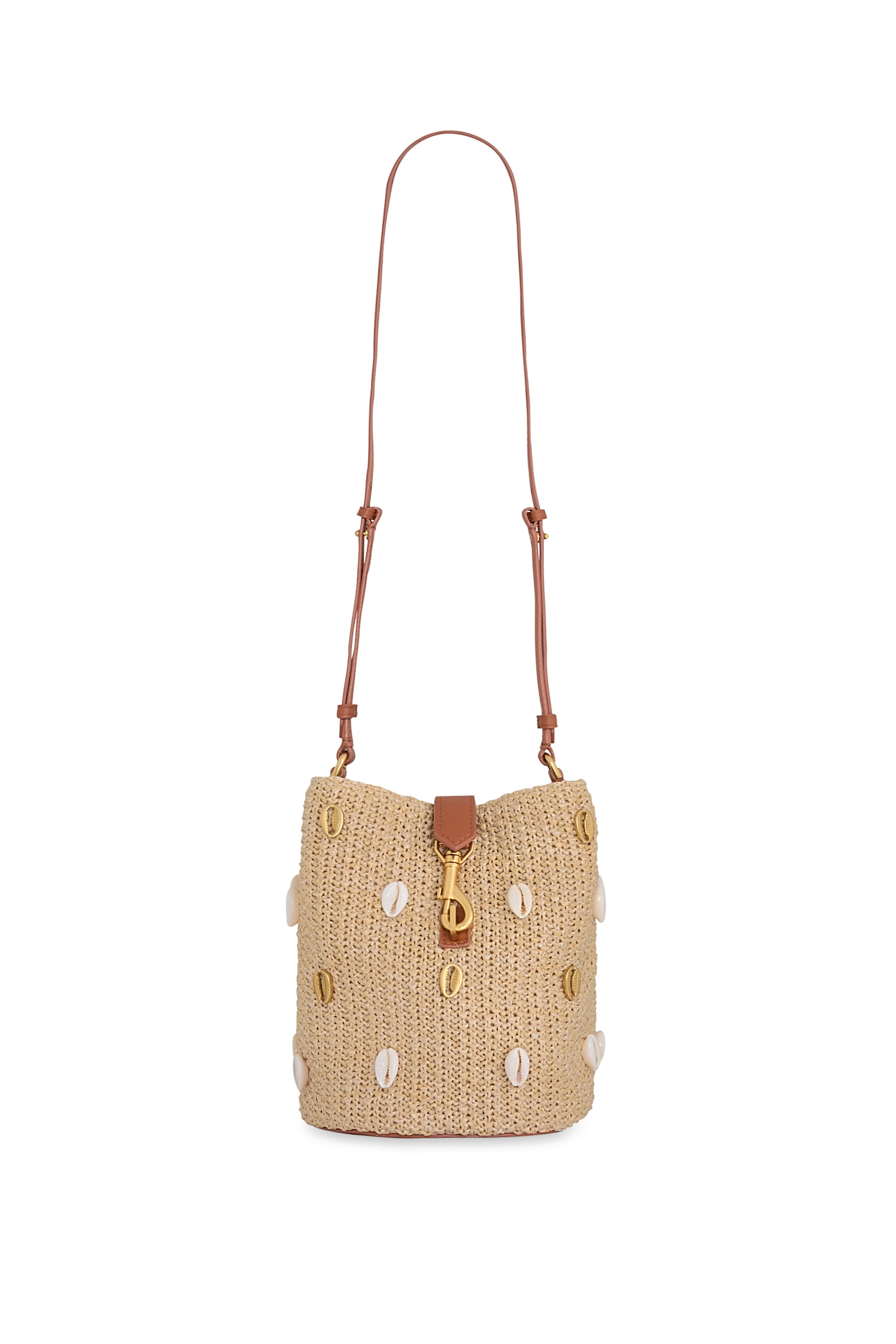 Rebecca Minkoff Megan Small Raffia Bucket Crossbody Bag with Seashell Embellishments