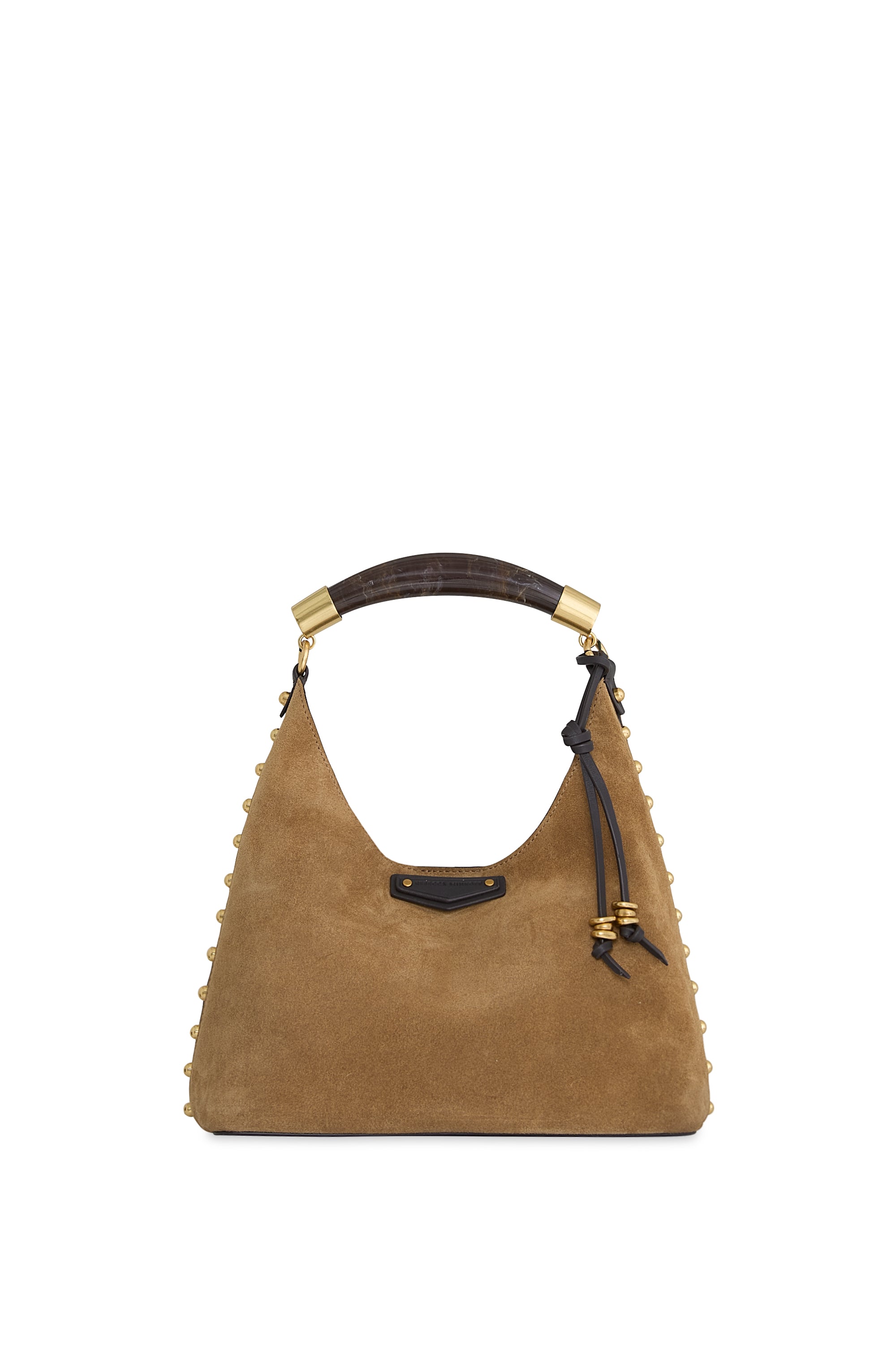 Rebecca Minkoff Nolita Top Handle Suede Bag with Studded Trim – Chestnut/Fondant