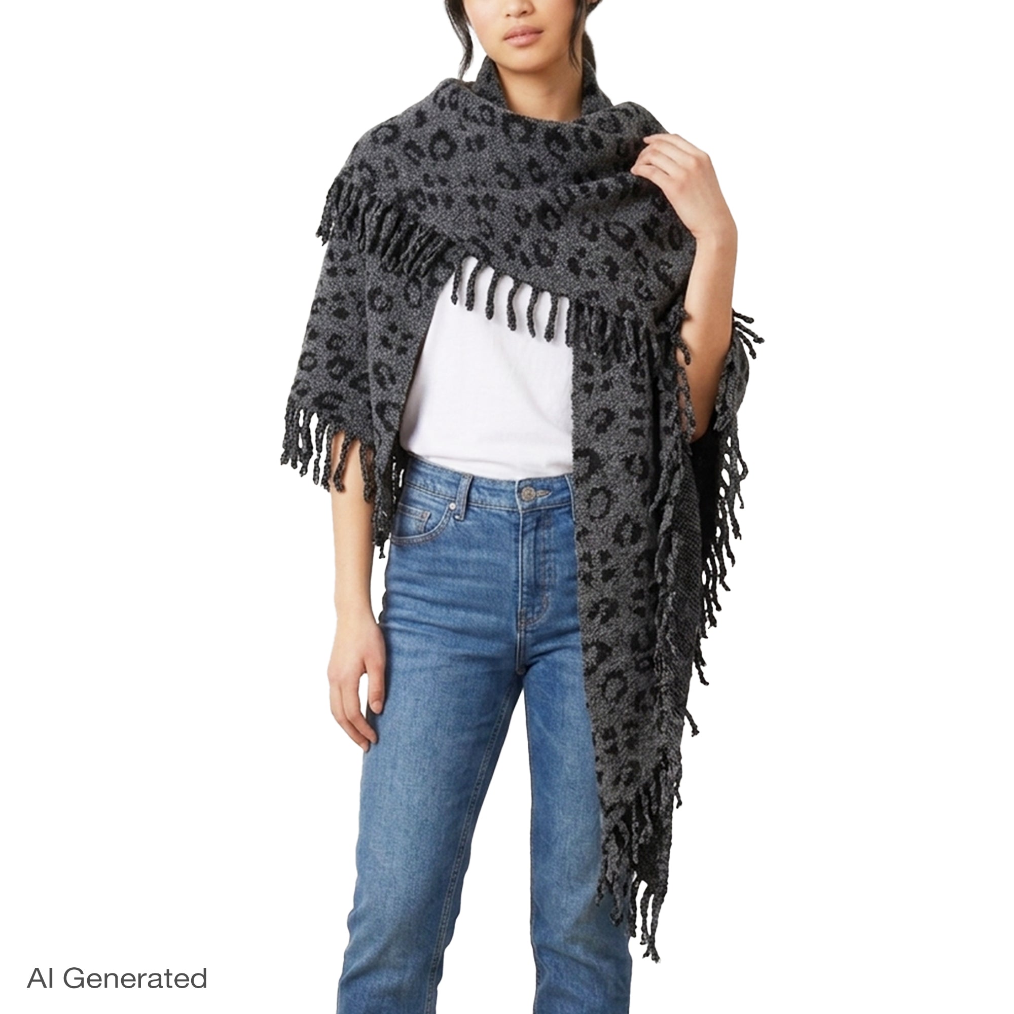 Rebecca Minkoff Jacquard Knit Leopard Triangle Scarf with Fringe