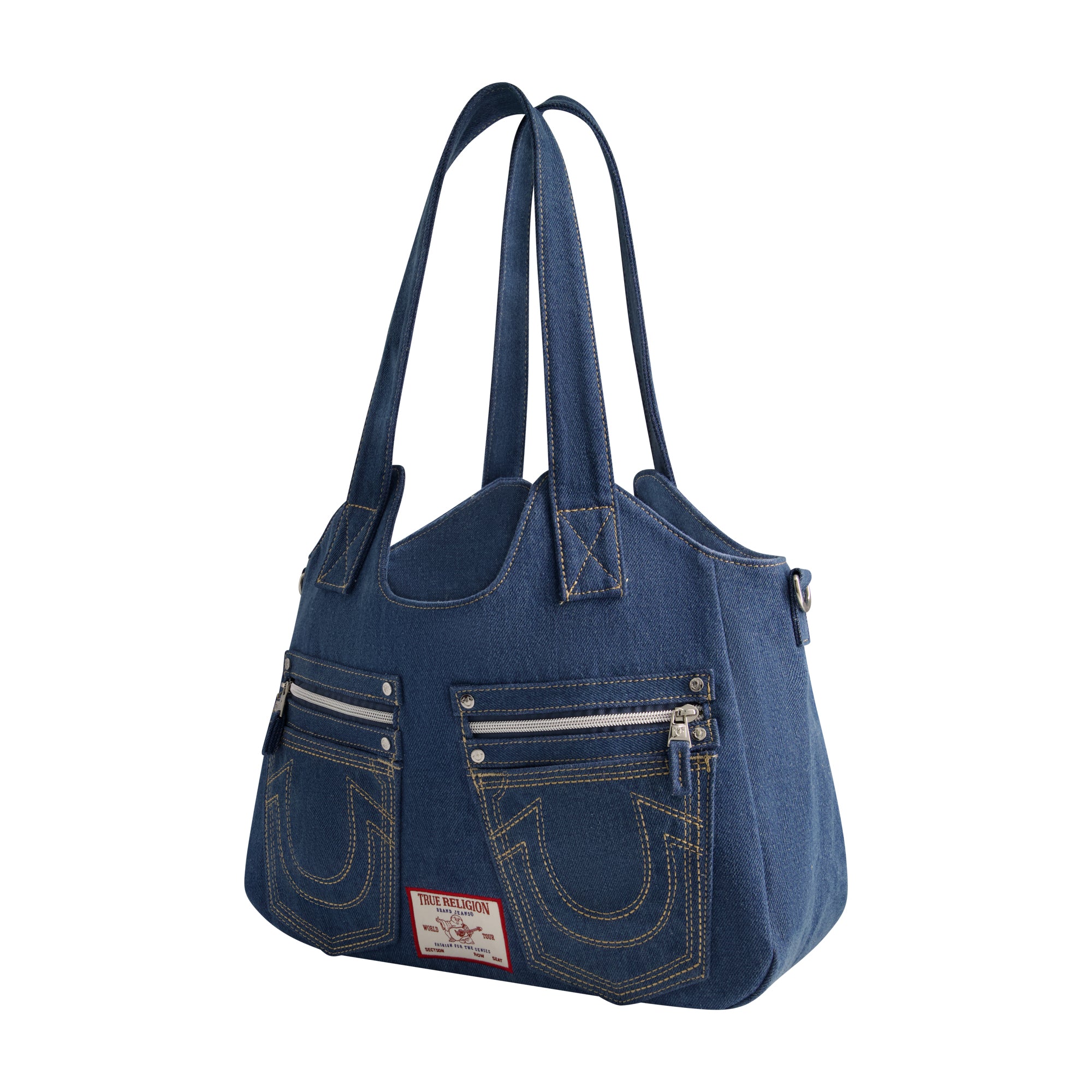 True Religion Horseshoe Stitch Denim Satchel, Medium Blu