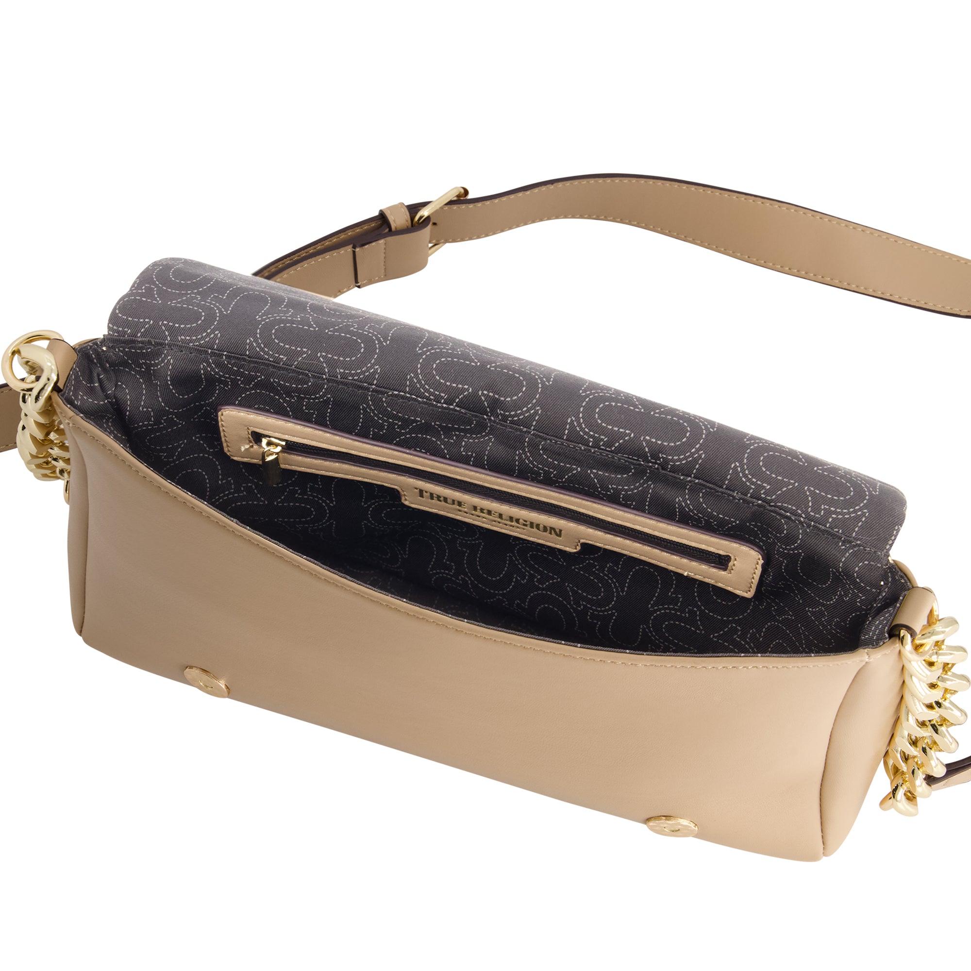 True Religion Quilted Logo Plaque Flap Bag, Camel