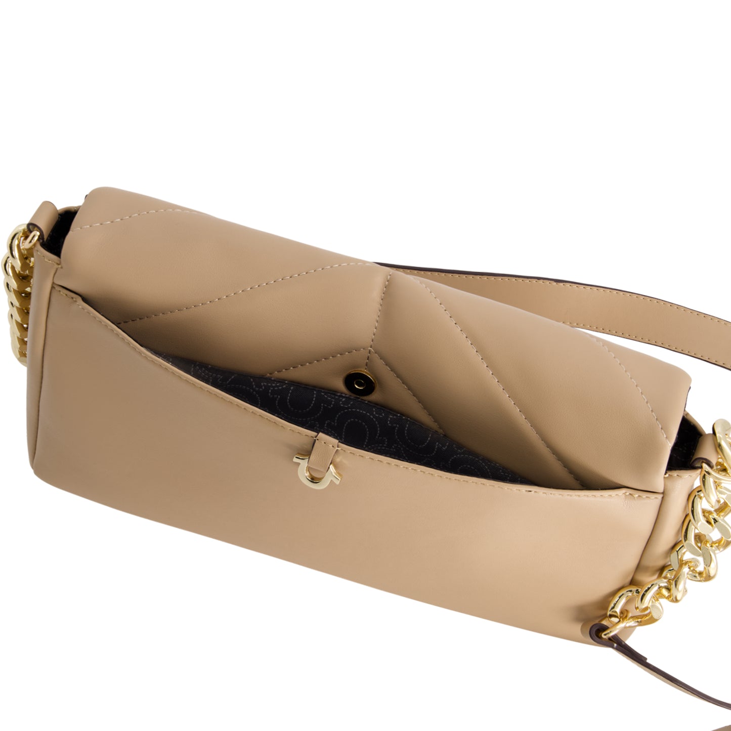 True Religion Quilted Logo Plaque Flap Bag, Camel