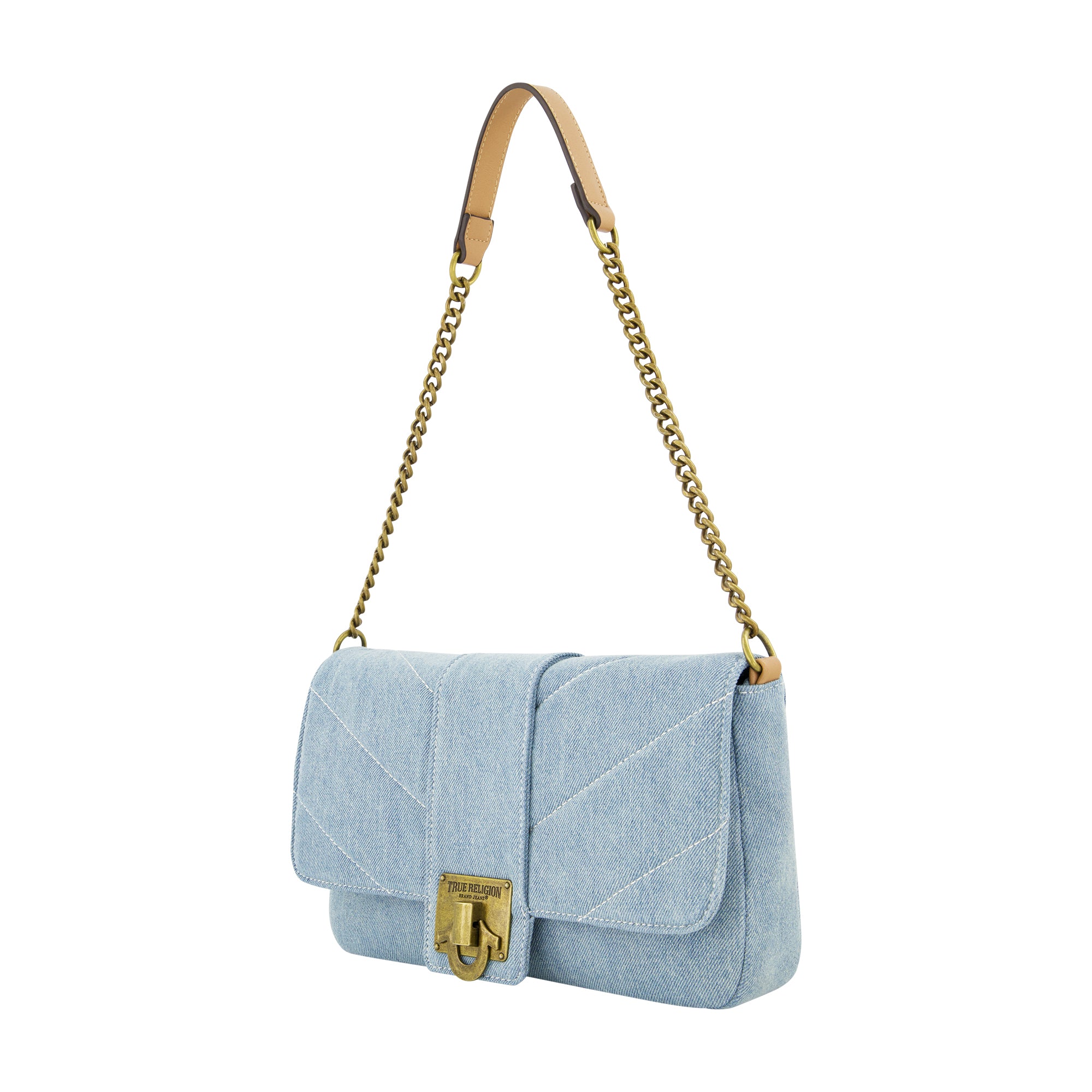 True Religion Denim Brass Hardware Flap, Light Blue