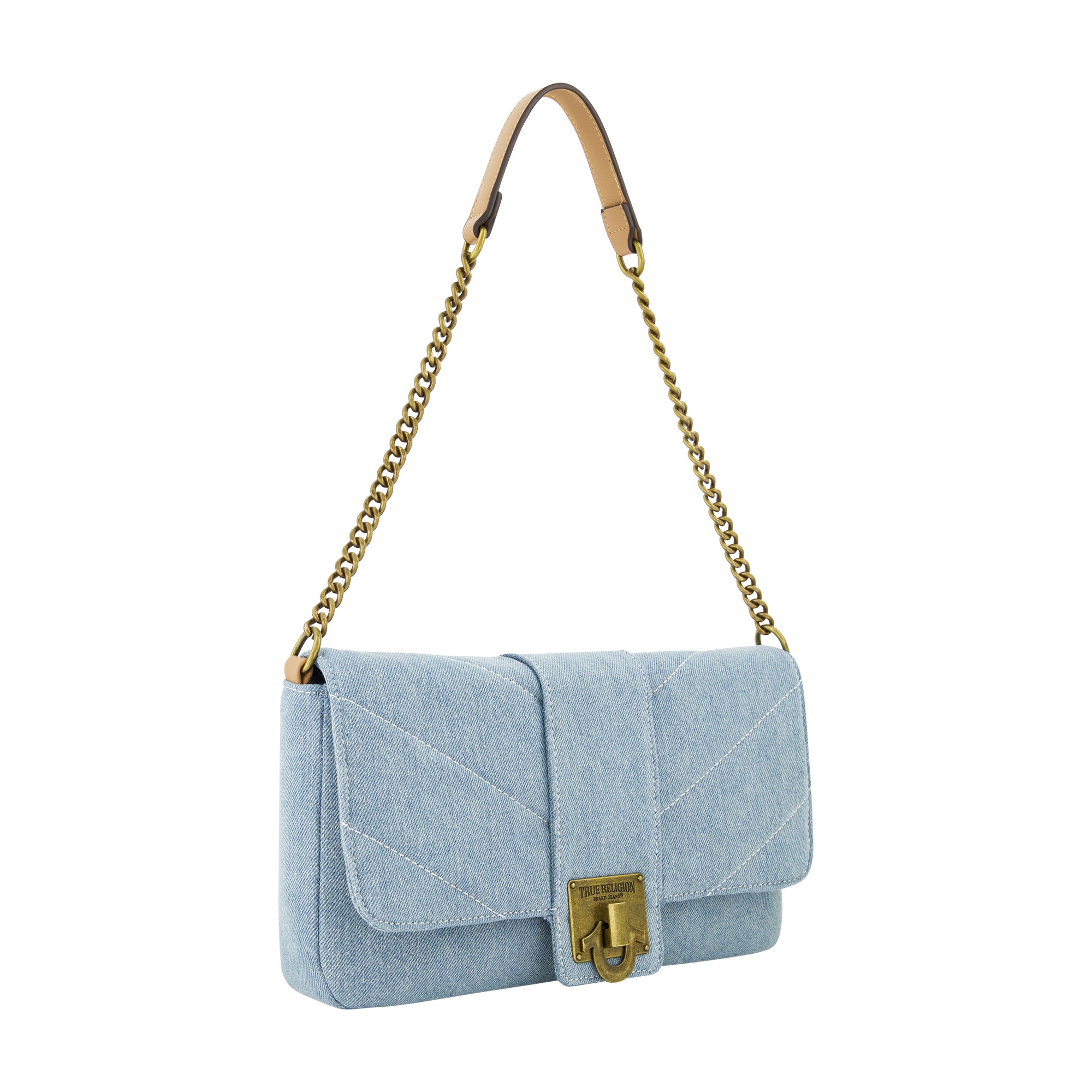 True Religion Denim Brass Hardware Flap, Light Blue