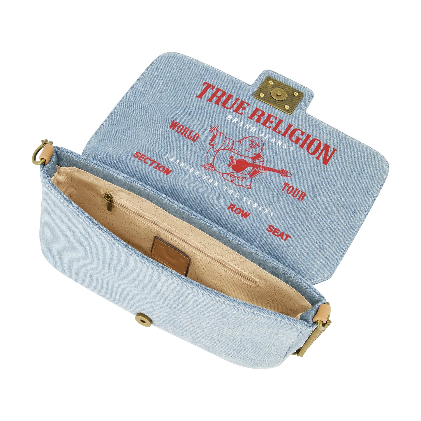 True Religion Denim Brass Hardware Flap, Light Blue