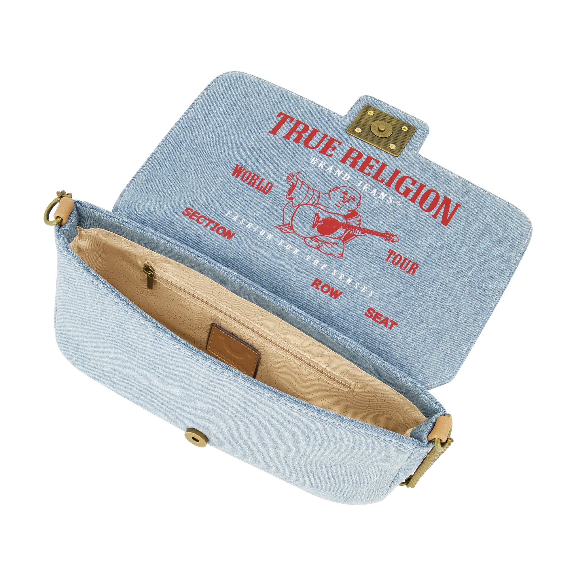 True Religion Denim Brass Hardware Flap, Light Blue