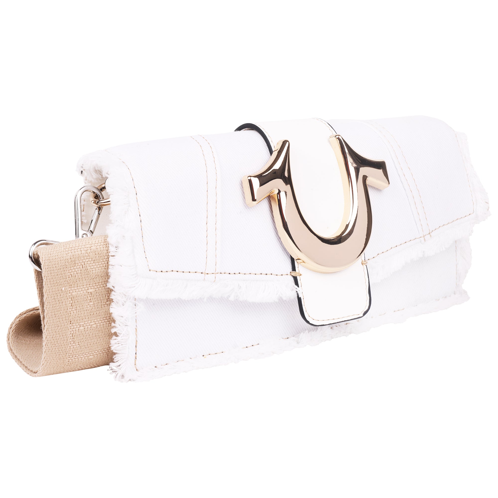 True Religion Frayed Denim Flap Bag with Logo Strap