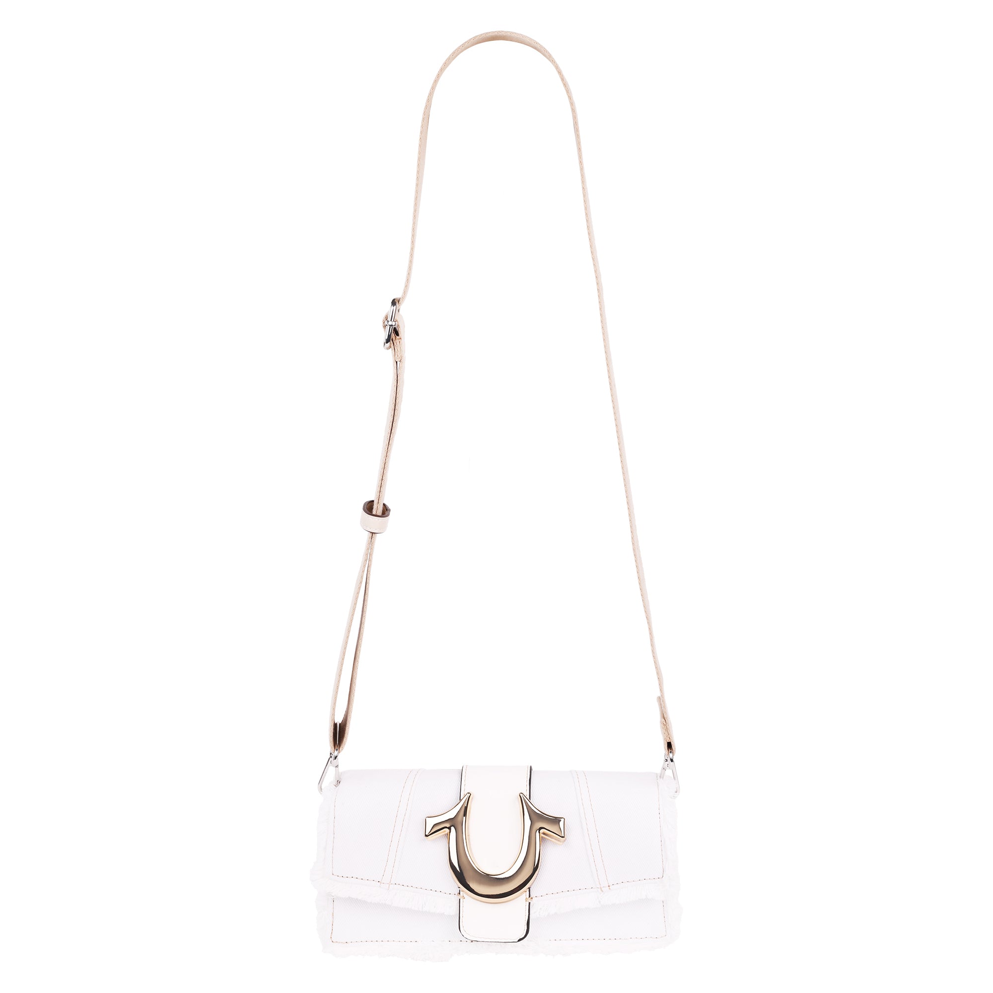 True Religion Frayed Denim Flap Bag with Logo Strap