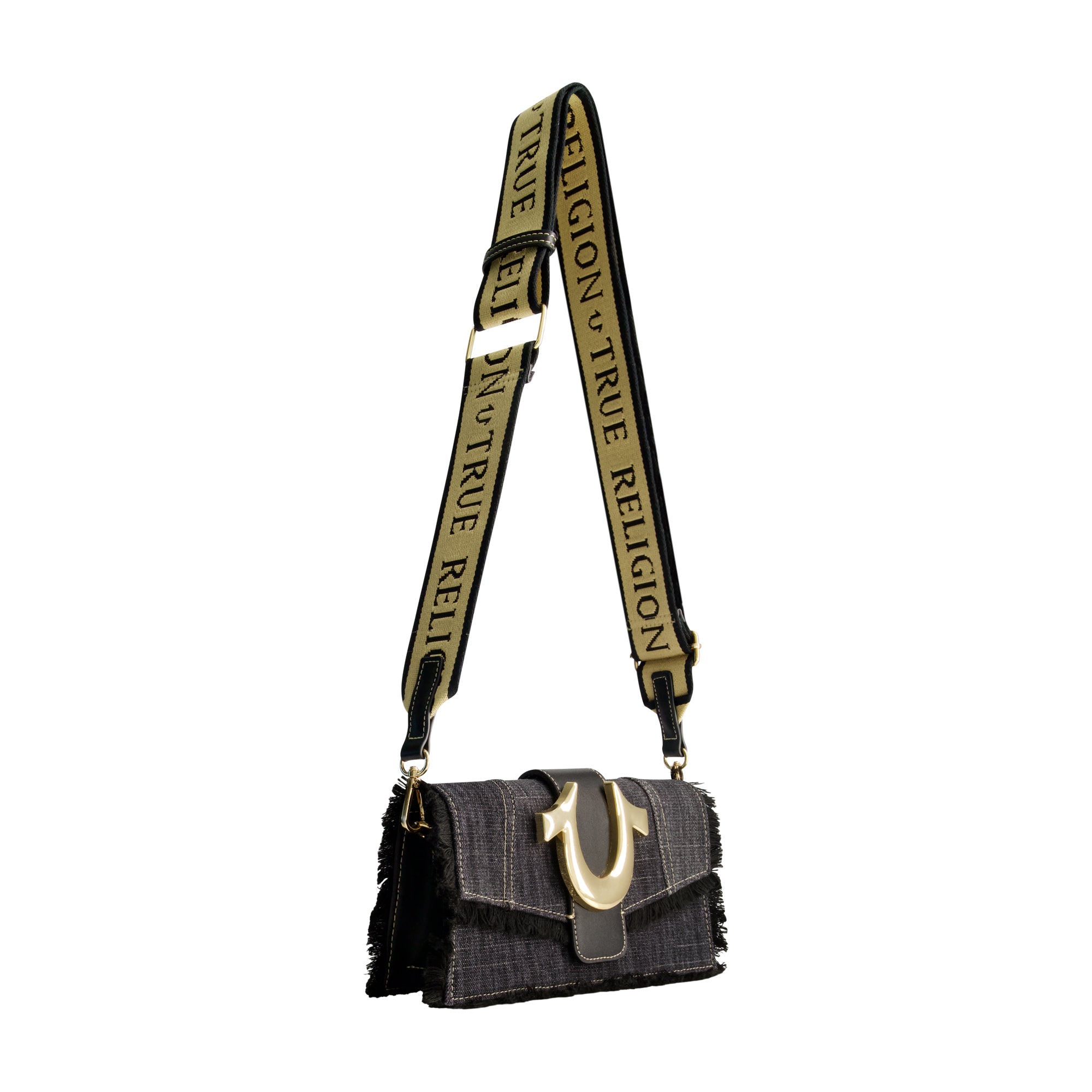True Religion Frayed Denim Flap Bag with Logo Strap