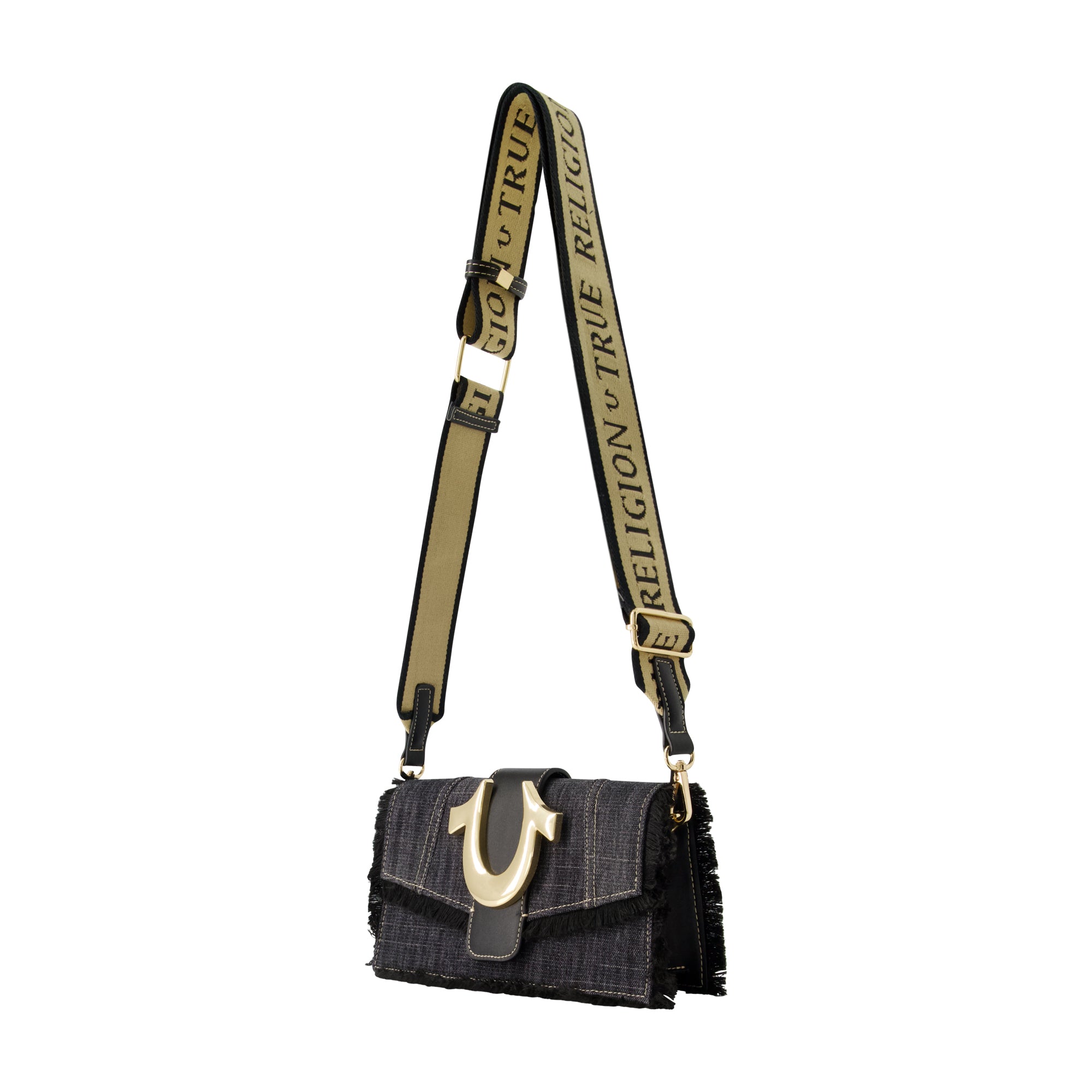 True Religion Frayed Denim Flap Bag with Logo Strap