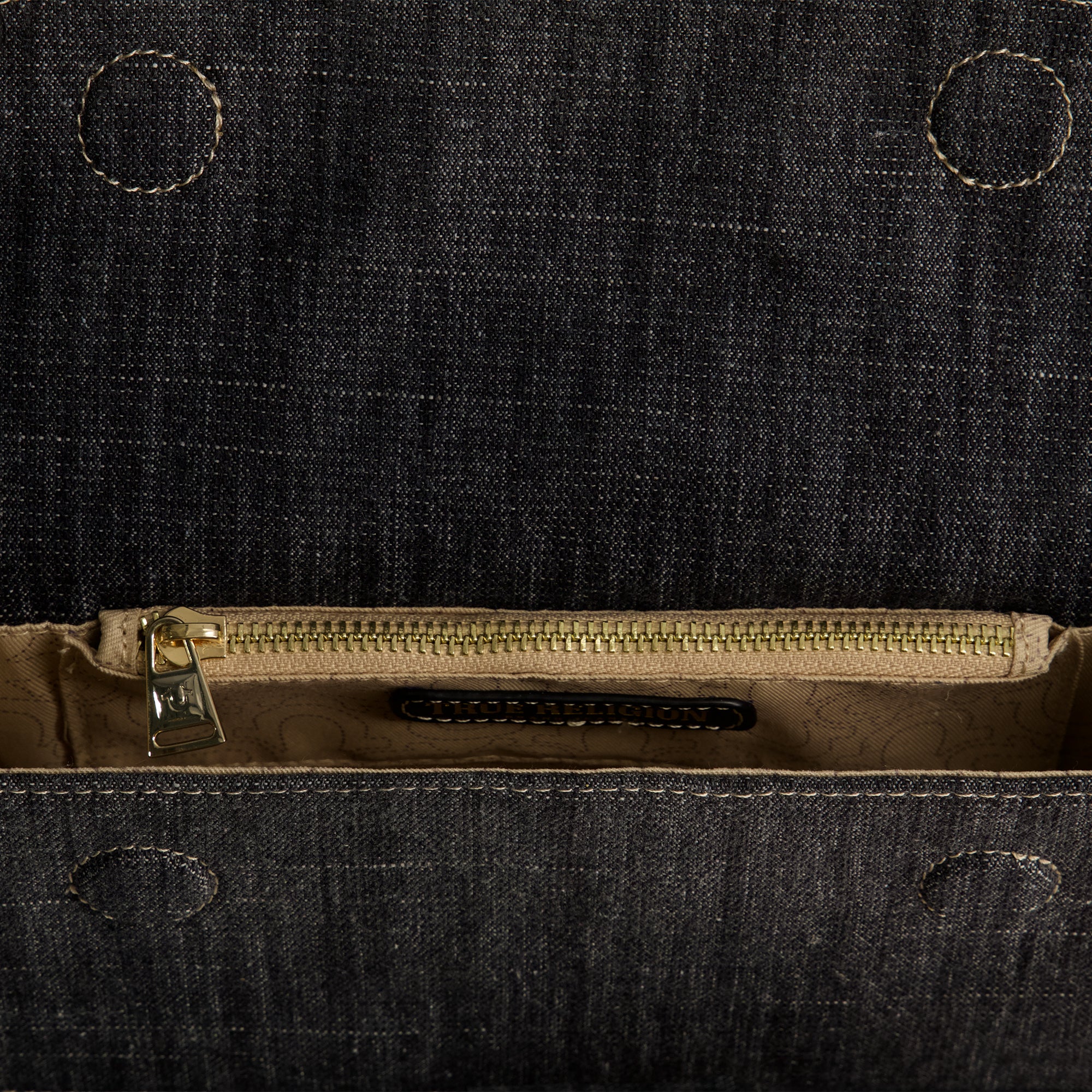 True Religion Frayed Denim Flap Bag with Logo Strap