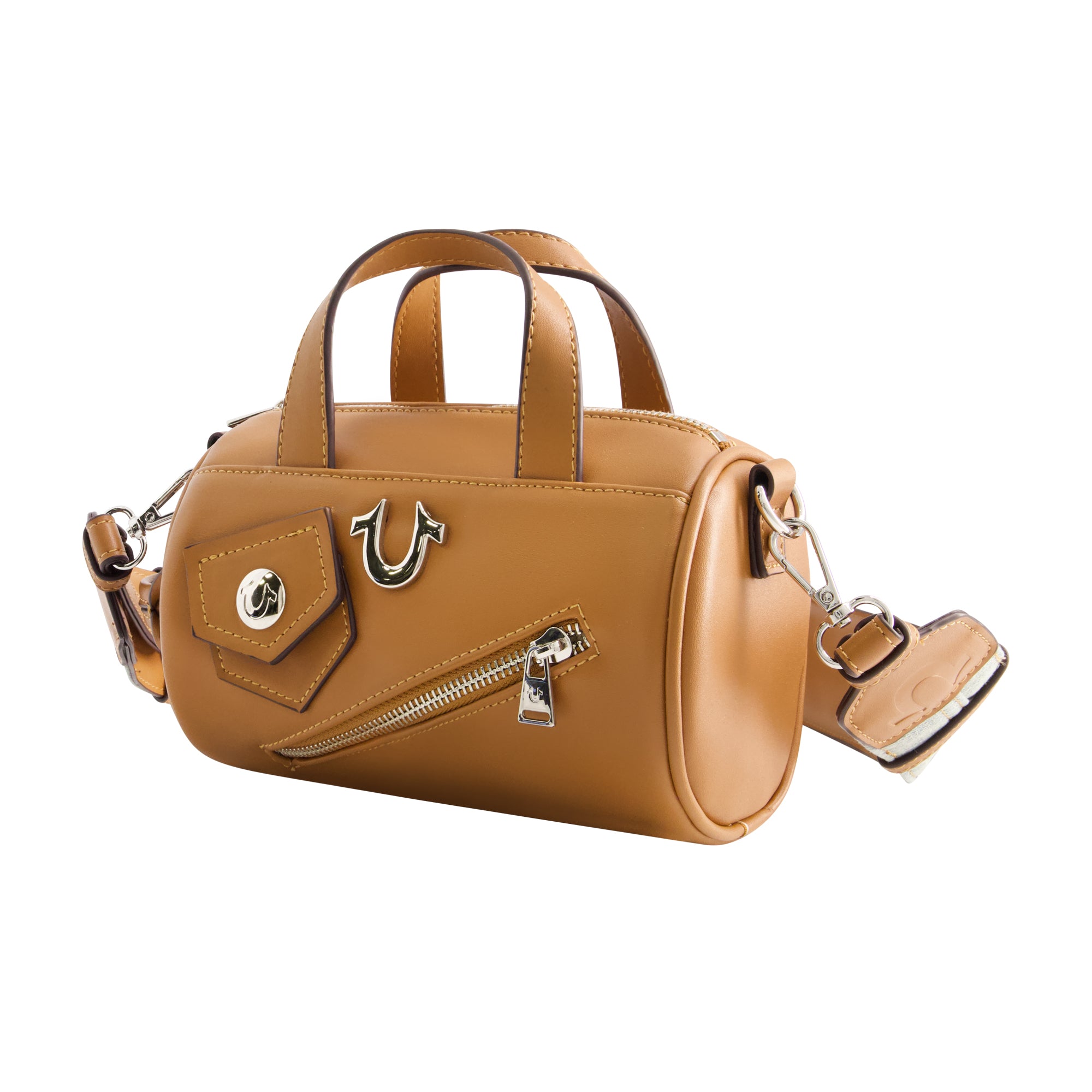 True Religion Zip Top Mini Duffle Handbag, Cognac